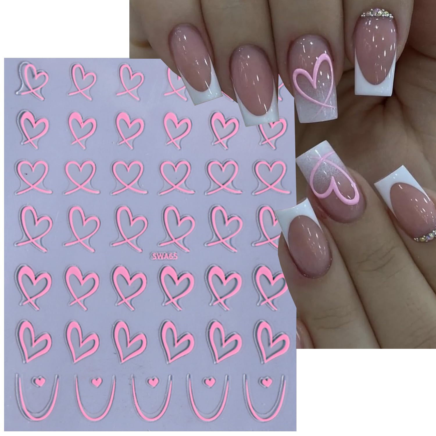 Heart Nail Stickers For Nail Art Love Heart Nail Decals French Lovers Wavy Line Nail Design 3D Self-Adhesive Love Hollow Peach H