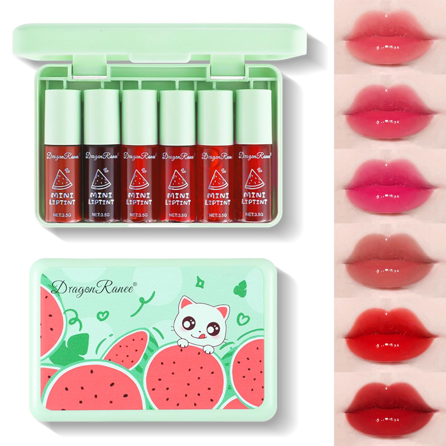 6 Colors Watermelon Lip Tint Stain Set, Korean Velvet Watery Lip Tint Moisturizing Mini Liquid Lip Gloss Lipstick, Multi-Use Lip