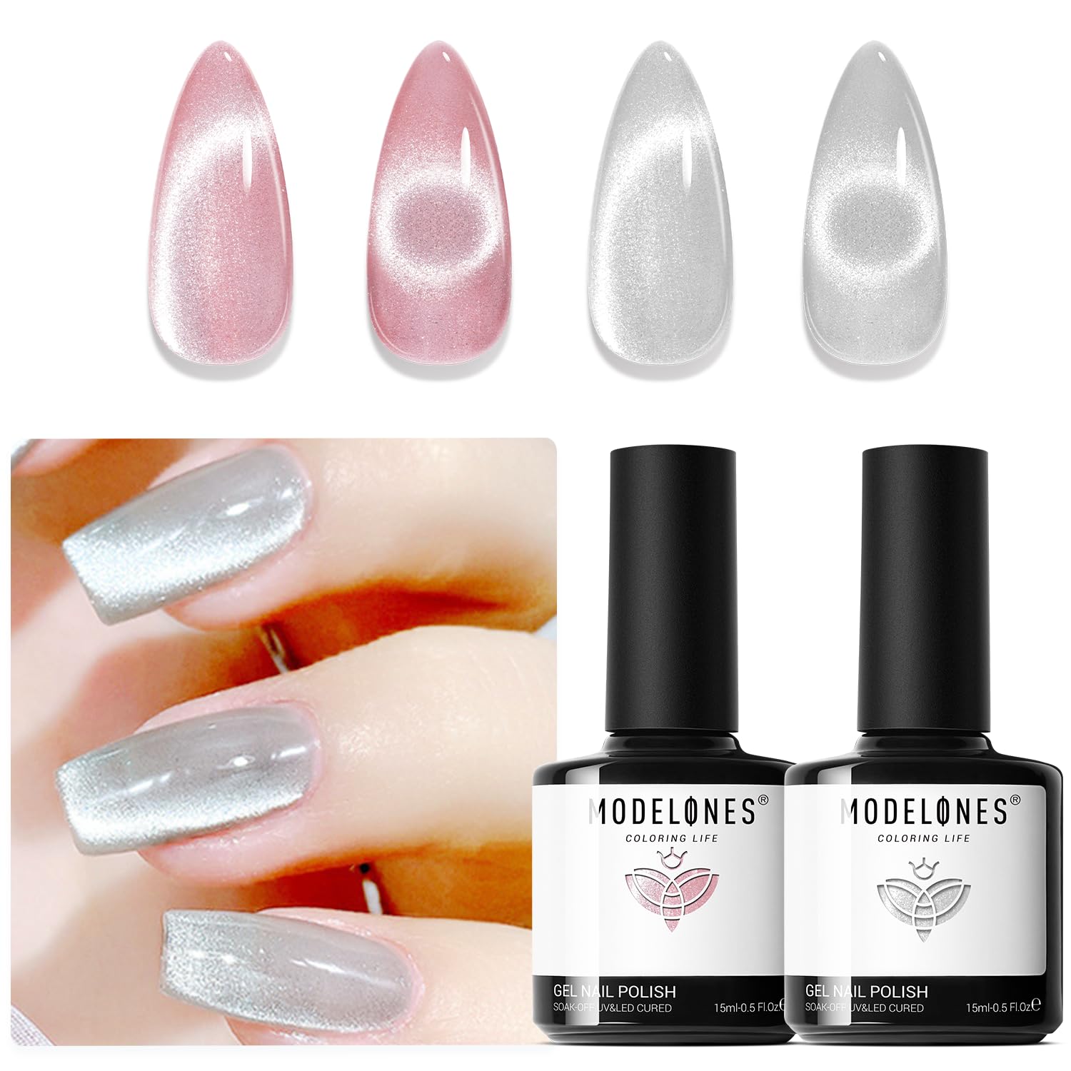 Modelones Cat Eye Gel Nail Polish, 2 Pcs 15Ml Pink Sliver Holographic 9D Cat Eye Glitter Multichrome Silver Pink Shades Polish W