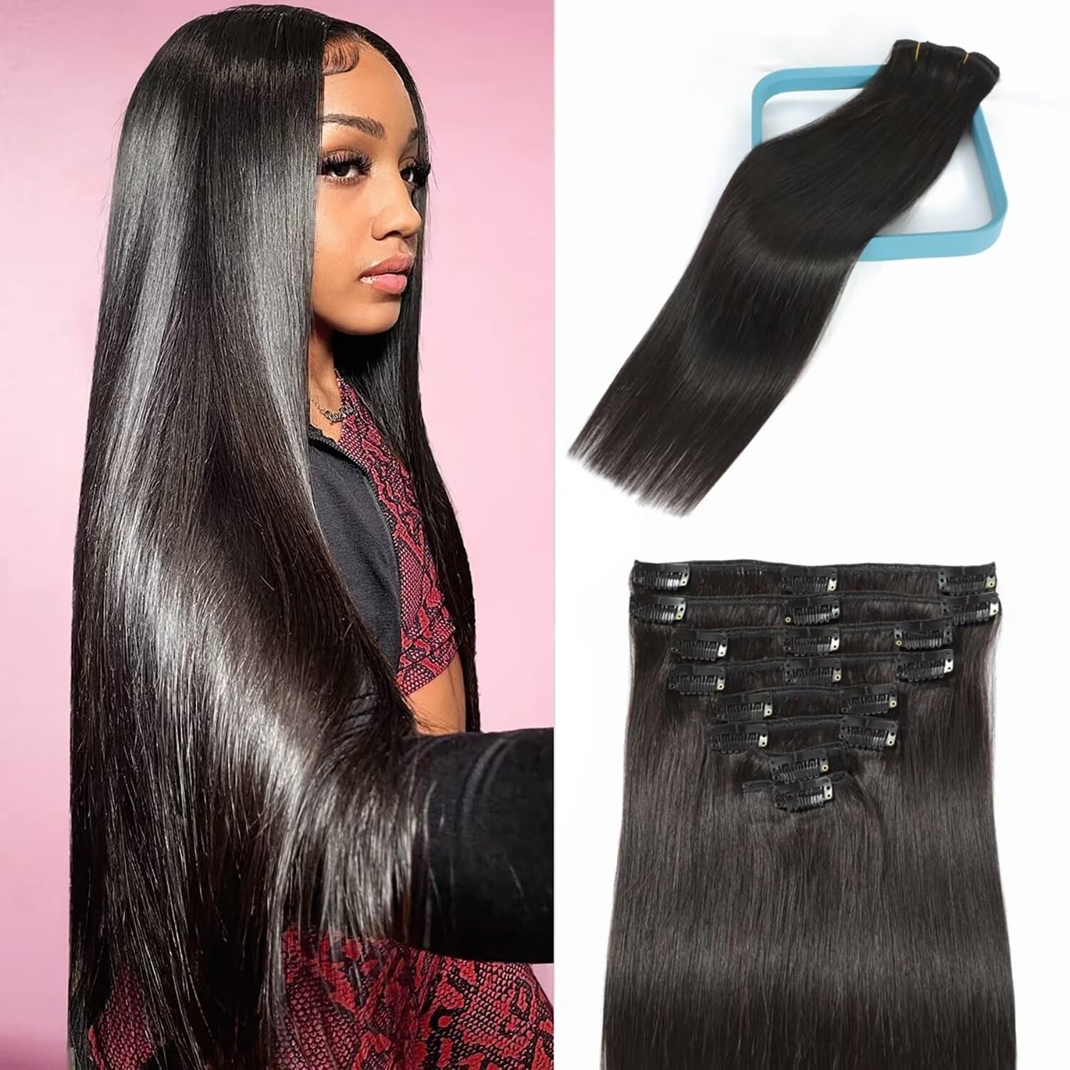 LORIEN Clip in Hair Extensions Real Human Hair, 18 Inch 100g/3.5oz, 1B Natural Black, Clip in 100% Brazilian Remy Human Hair Ext