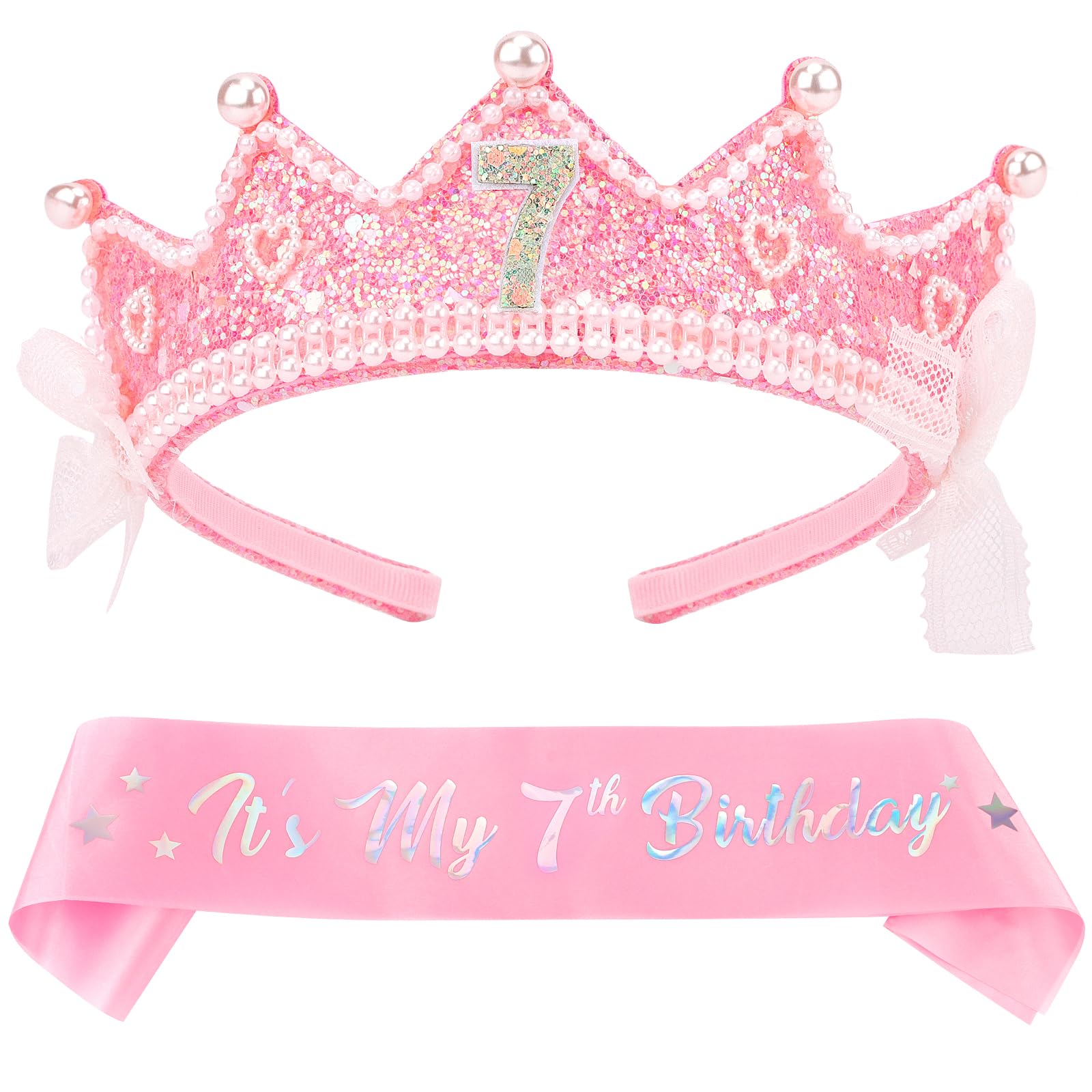 Chanaco 7 Year Old Girl Birthday Gifts 7th Birthday Crown and Sash Decorations Pink Bow Outfit for Party Favor Princess Tiara He