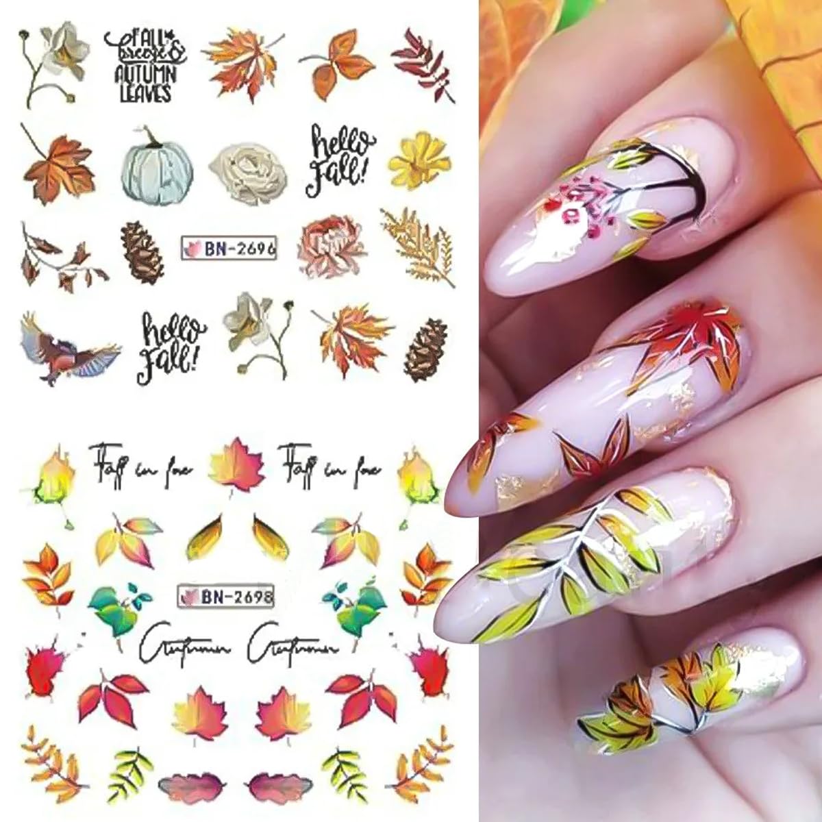 12Pcs Fall Nail Stickers Maple Leaf Nail Water Decals Thanksgiving Day Watermark Leaves Line Letter Nail Foil Transfer Slider Fo