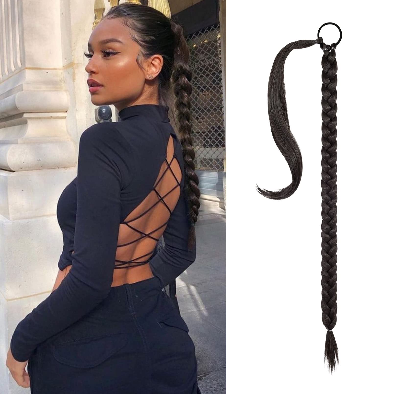 SEIKEA Long DIY Braided Ponytail Extension with Hair Tie Straight Wrap Around Hair Extensions Ponytail Natural Soft Synthetic Ha