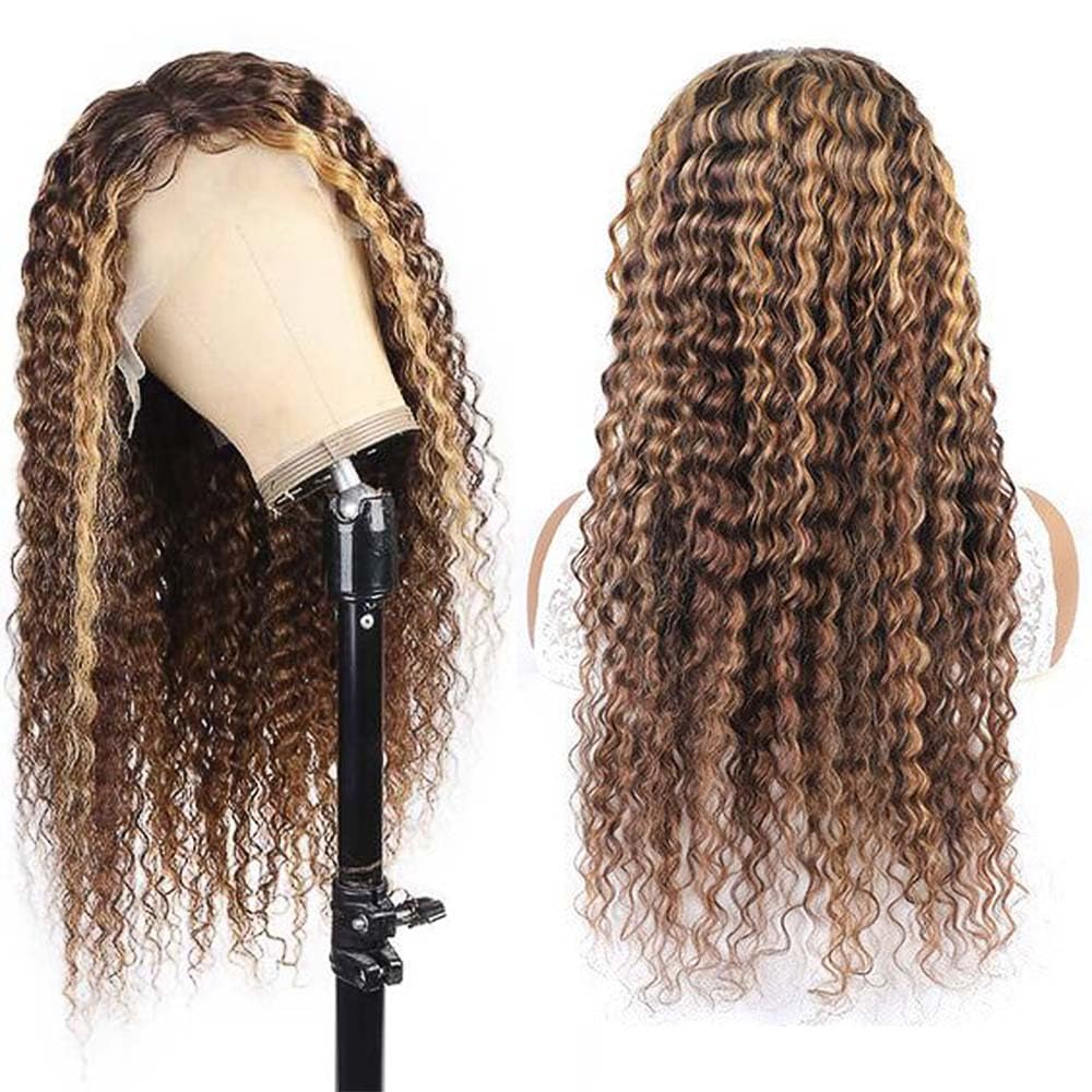 Pinketer Honey Blonde Curly Lace Front Wig Human Hair 13X4 Ombre Highlight Deep Wave Lace Front Wigs Human Hair 180% Density Hum