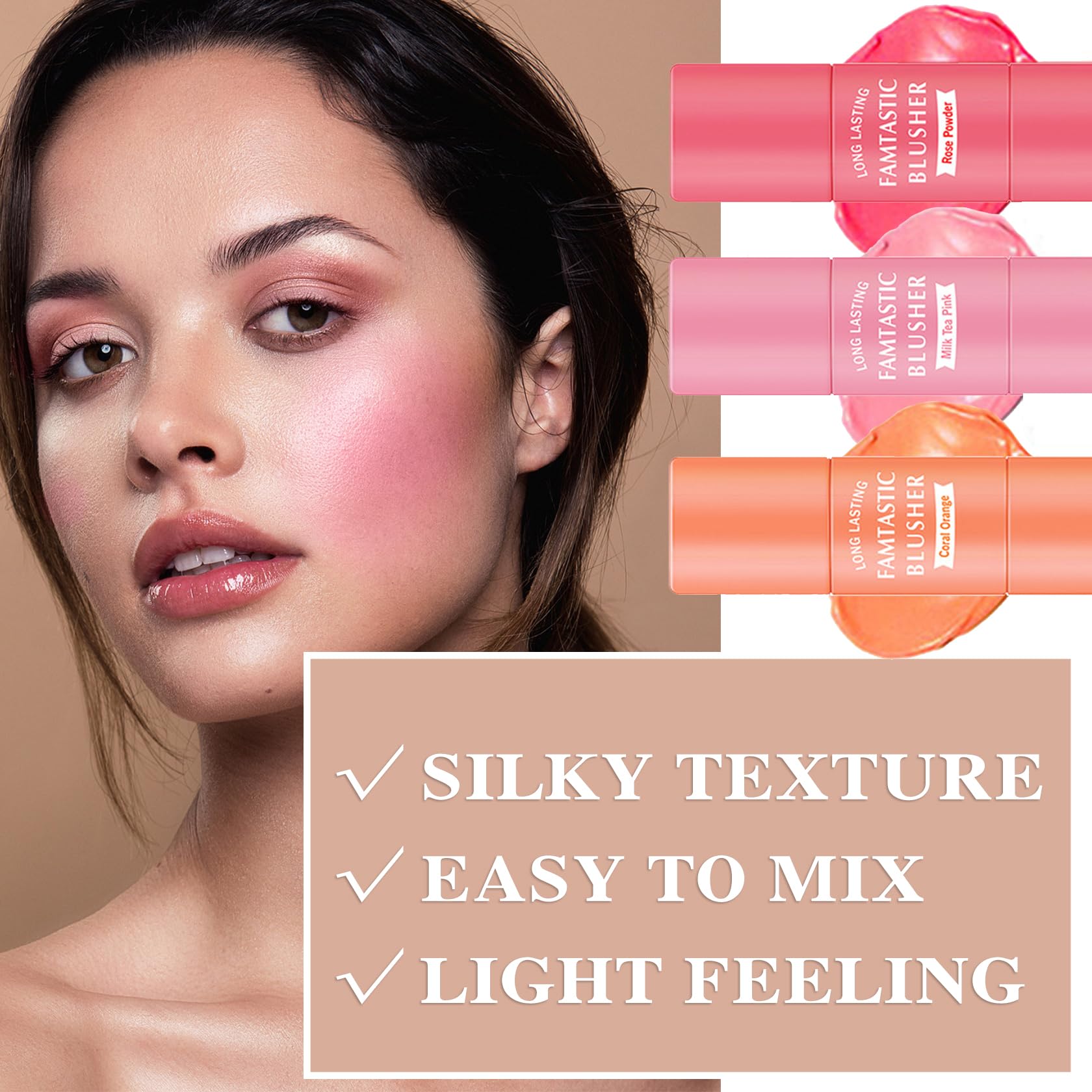 3 Pcs Cream Blush Stick With Brush,Waterproof Multi Cream Blush Stick Makeup,Lightweight,2 In 1 Multi Stick Blush For Cheeks & L