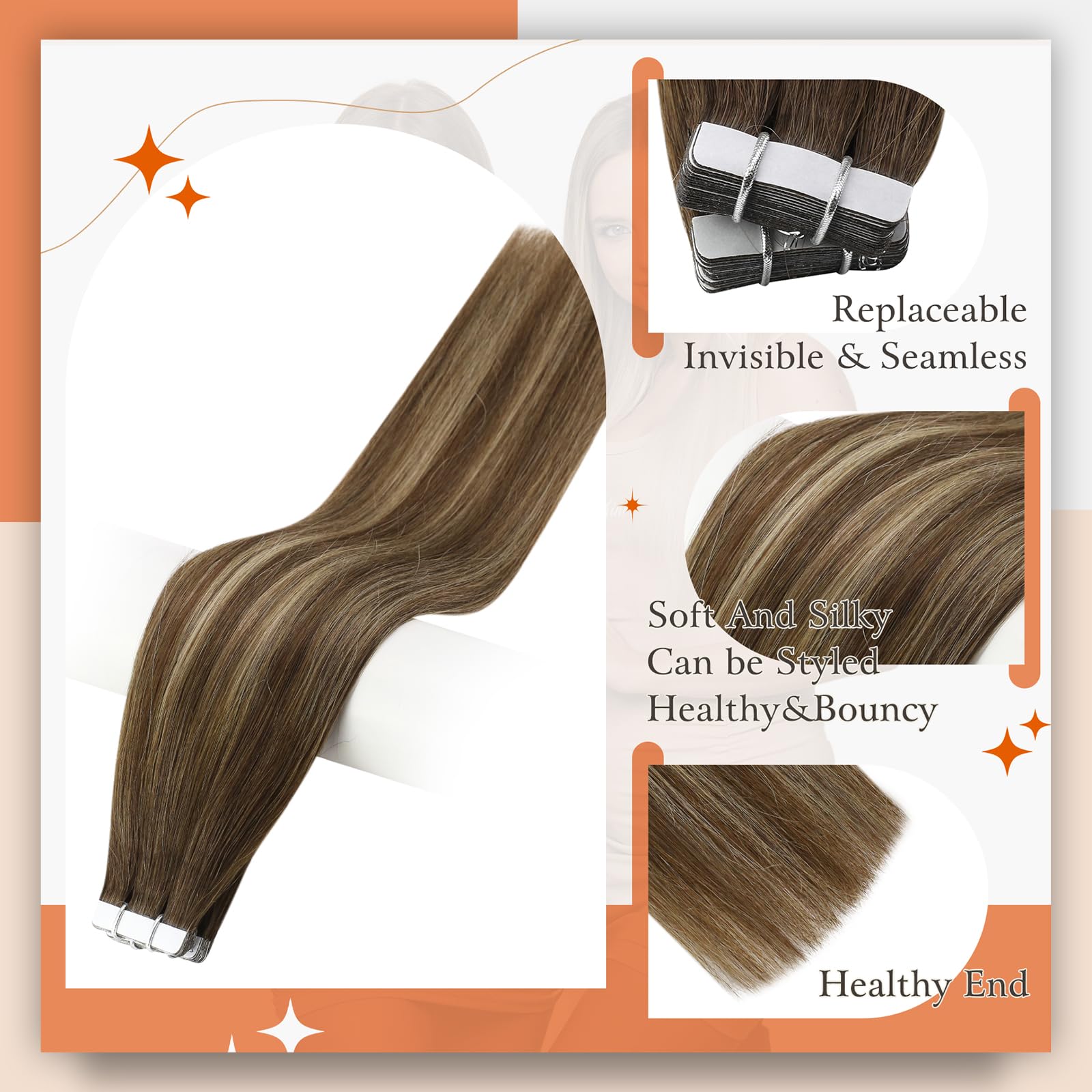 Full Shine Tape In Hair Extensions Human Hair 14 Inch Double Sided Tape In Extensions Medium Brown To Light Blonde Balayage Tape