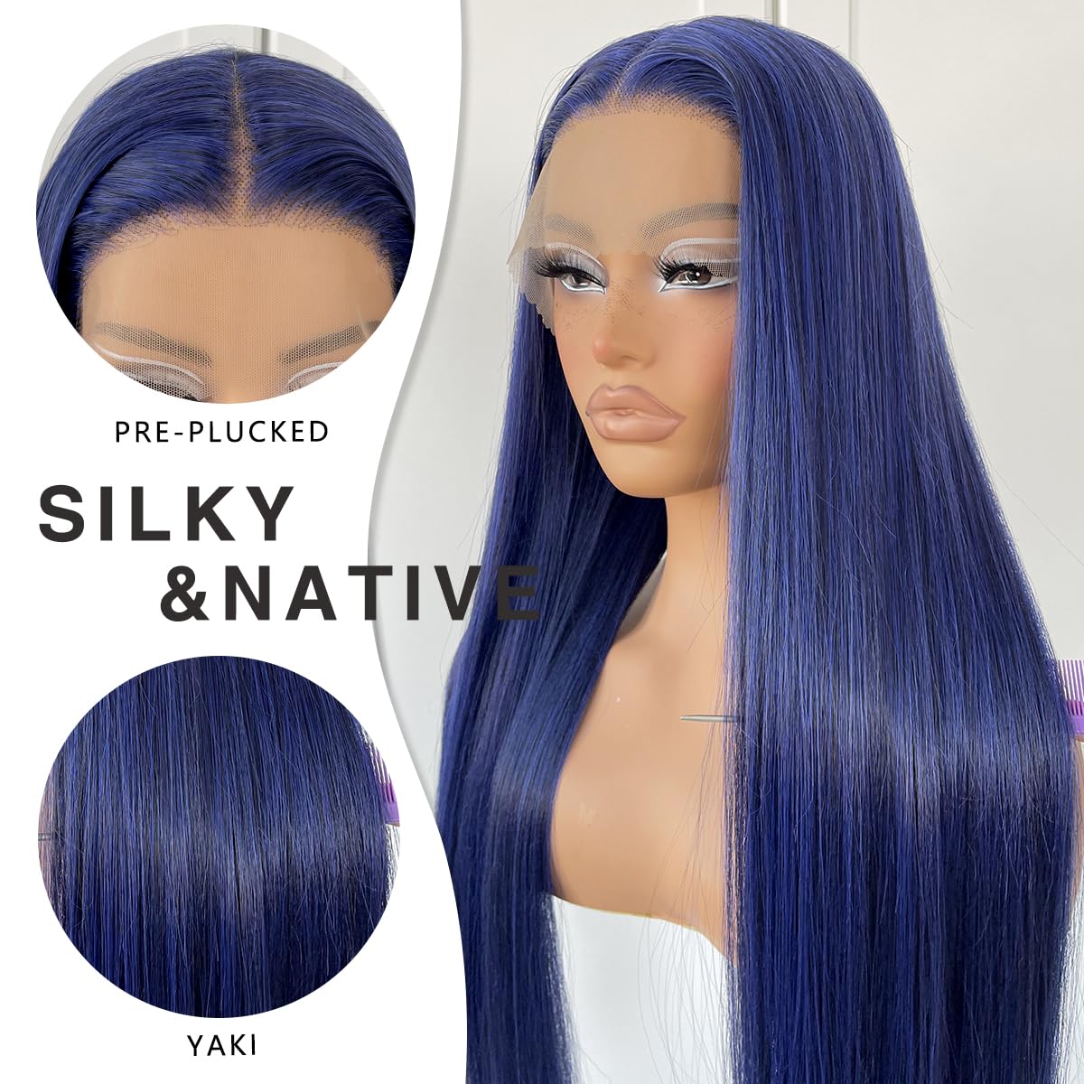 Mitimes Blue Straight Hd Lace Front Wig Pre-Plucked Glueless Synthetic Dark Blue Lace Front Wig For Fashion Women Transparent La