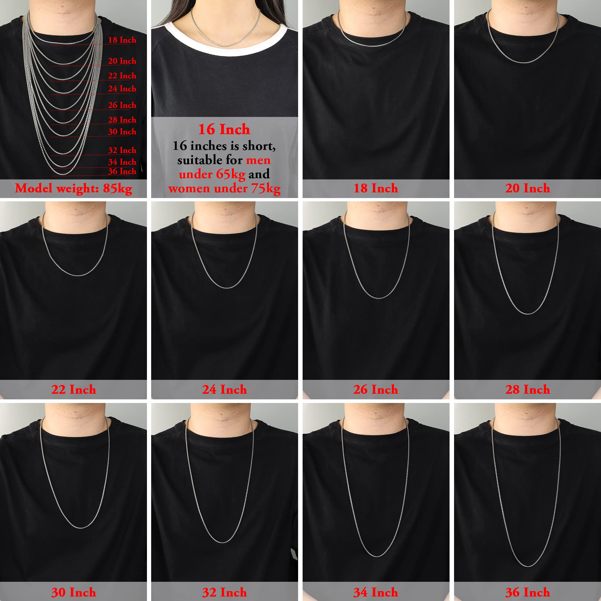 Monily 2-7 mm 16-36 In Square Rolo Stainless Steel Chain Necklace Round Box Necklace Men Women Jewellery