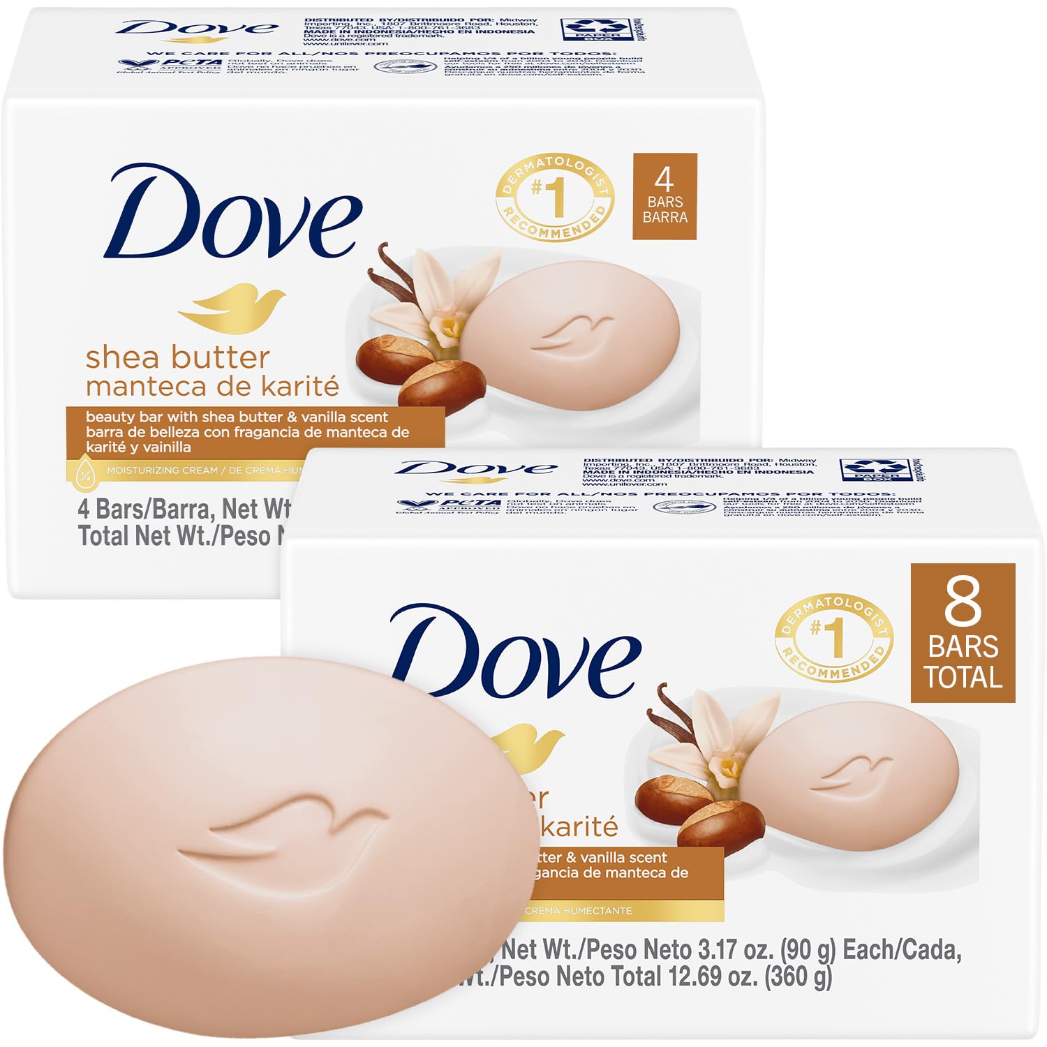 Dove Soap, Shea Butter & Vanilla Beauty Bar 2-Pack (8 Soap Bars) - 3-in-1 Moisturizing Face, Body & Hand Soap, 3.17 Oz Ea