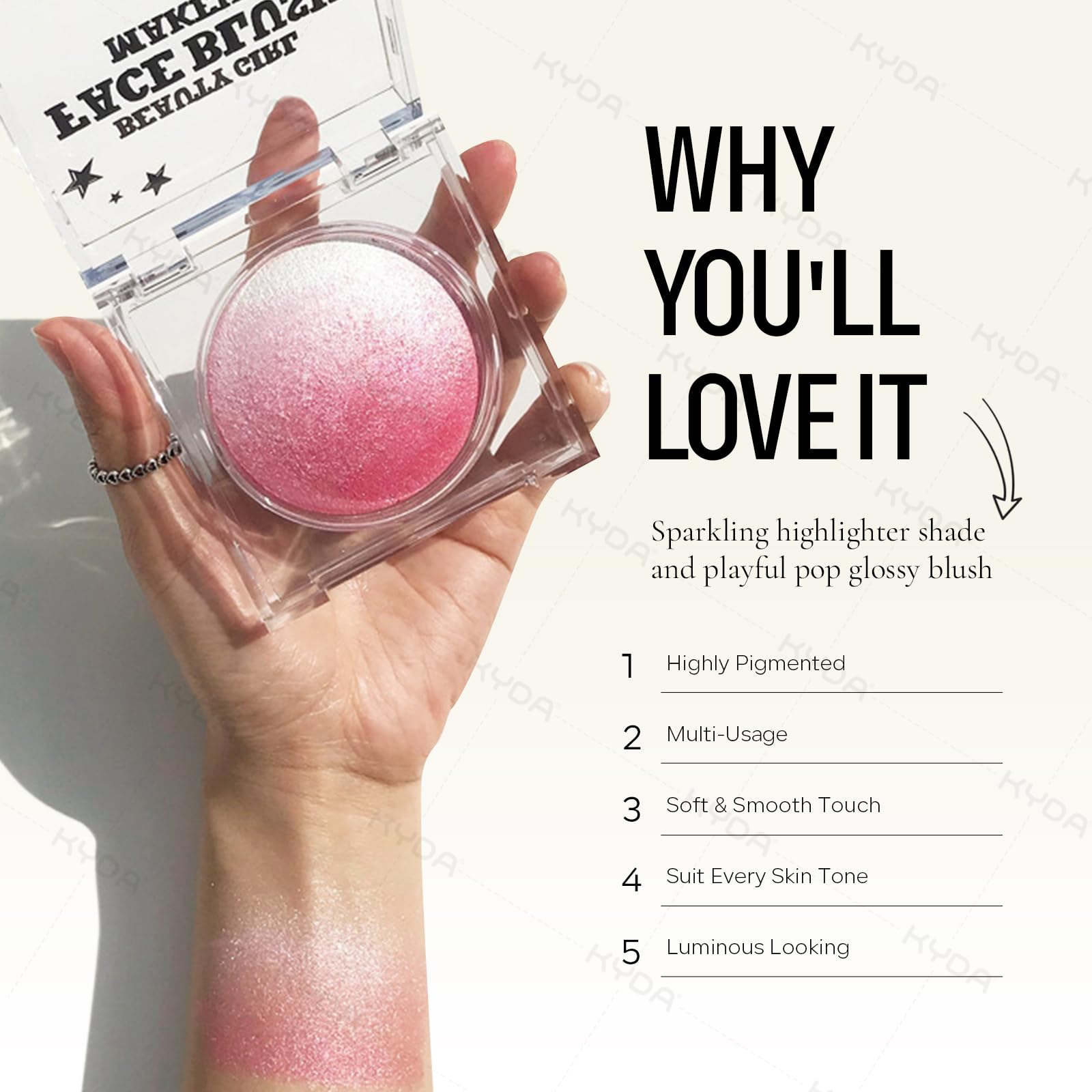 KYDA Pink Blush Powder, Pink Face Highlighter Baked Blush, Shimmer Blush for Natural Glowing Finish, Lasting Lightweight Buildab