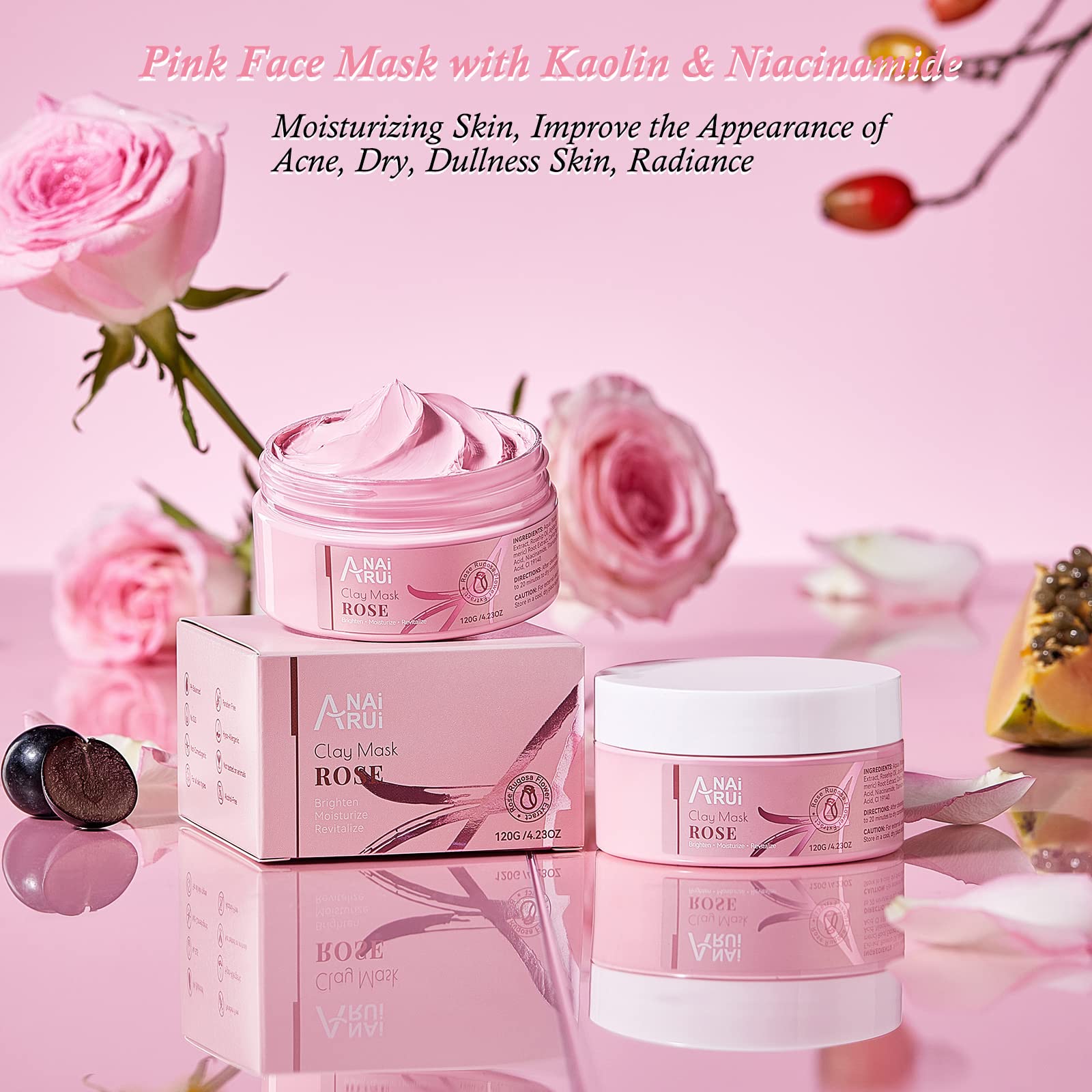ANAI RUI Rose Clay Facial Mask, with Kaolin Pink Clay, Niacinamide, Collagen, Hyaluronic Acid Moisturizing. Pores Minimizers, Bl
