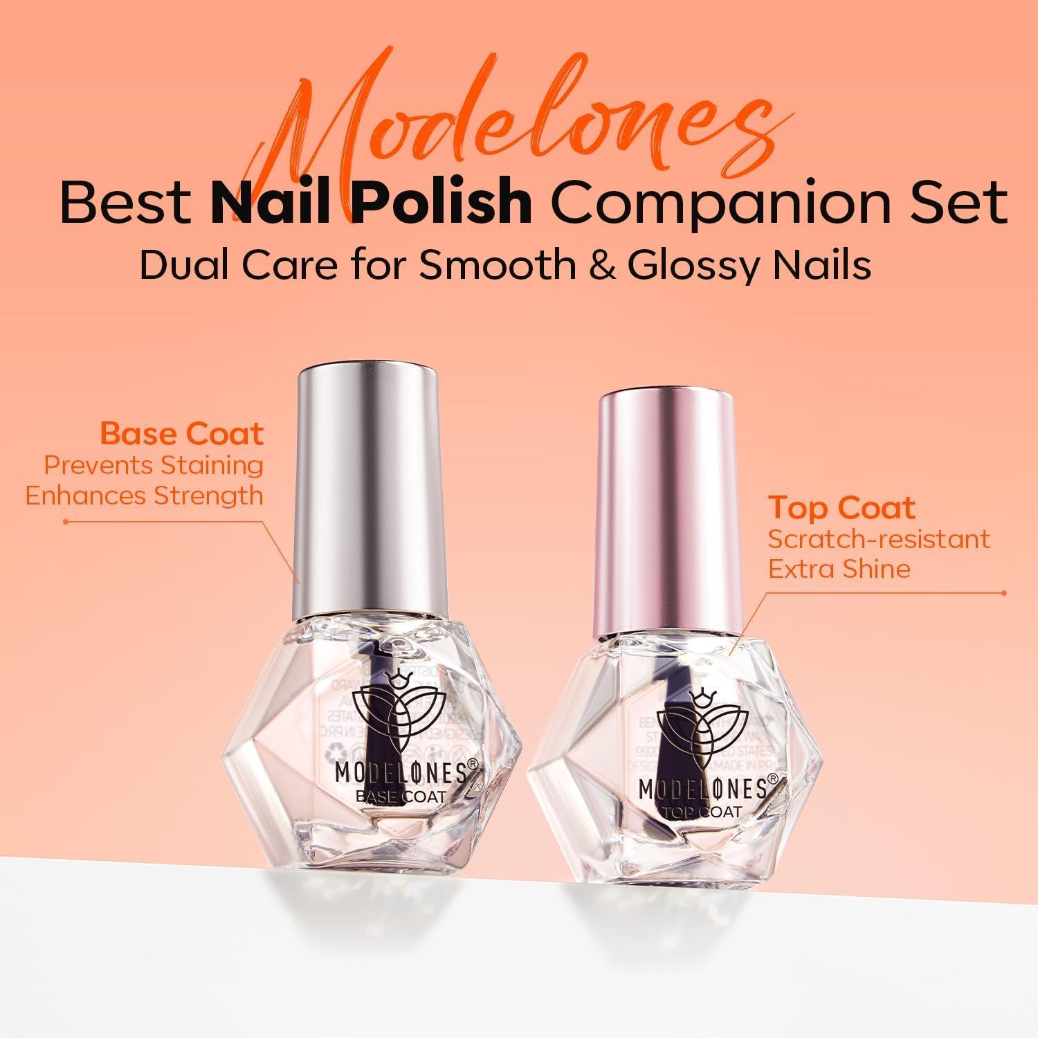 modelones 2 Pcs No Wipe Top Coat and Base Coat Nail Polish Set, Clear Quick Dry Nail Polish High Shine Long Lasting Glossy Regul