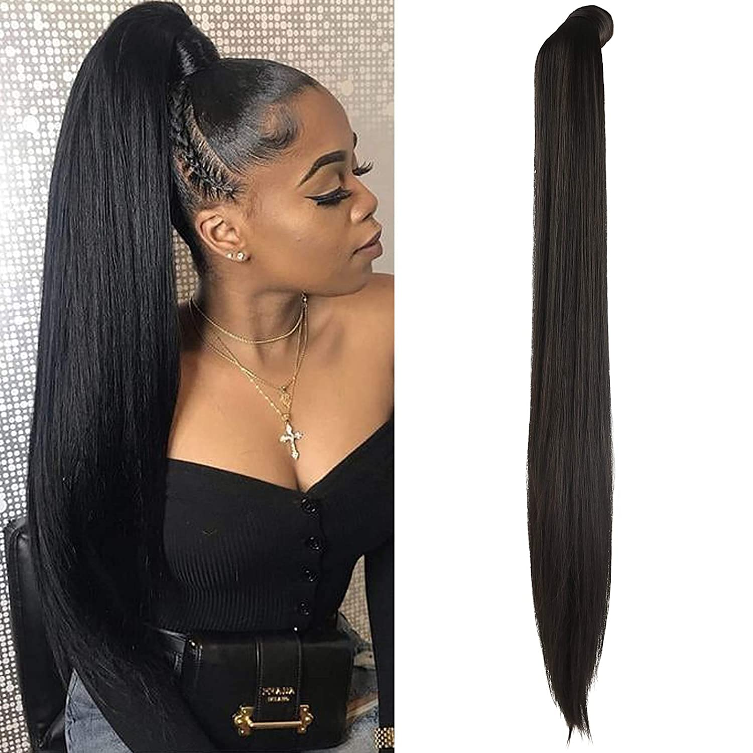 SEIKEA Clip in Ponytail Extension Wrap Around Long Straight Pony Tail Hair Synthetic Hairpiece for Women 35 Inch Color Black Bro