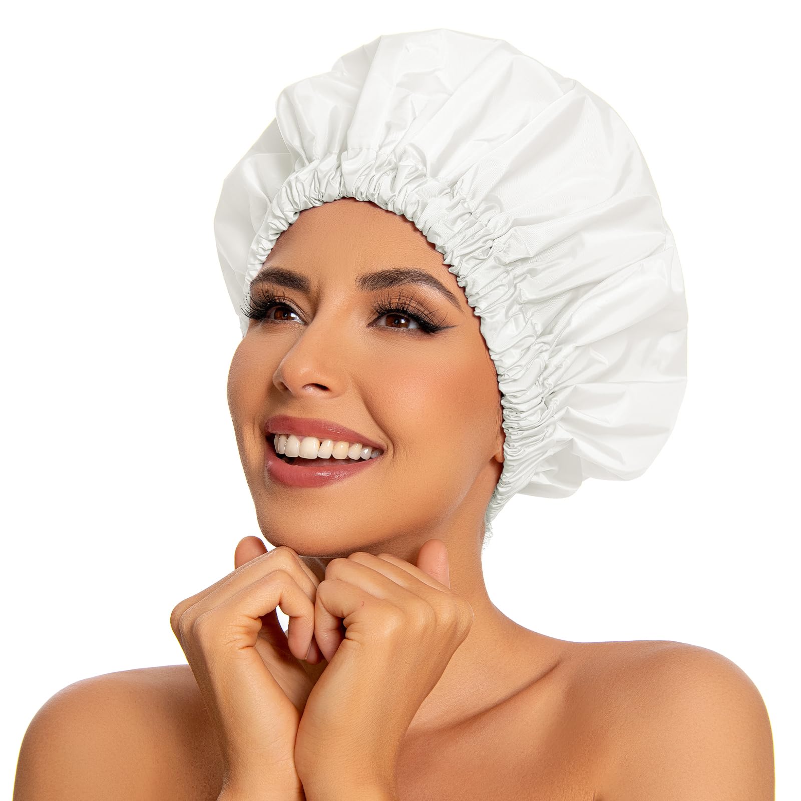 Reusable Shower Cap For Women, Large Waterproof Shower Bonnet Washable Elastic Band Bath Hair Hat For Long Hair, Braids(White)