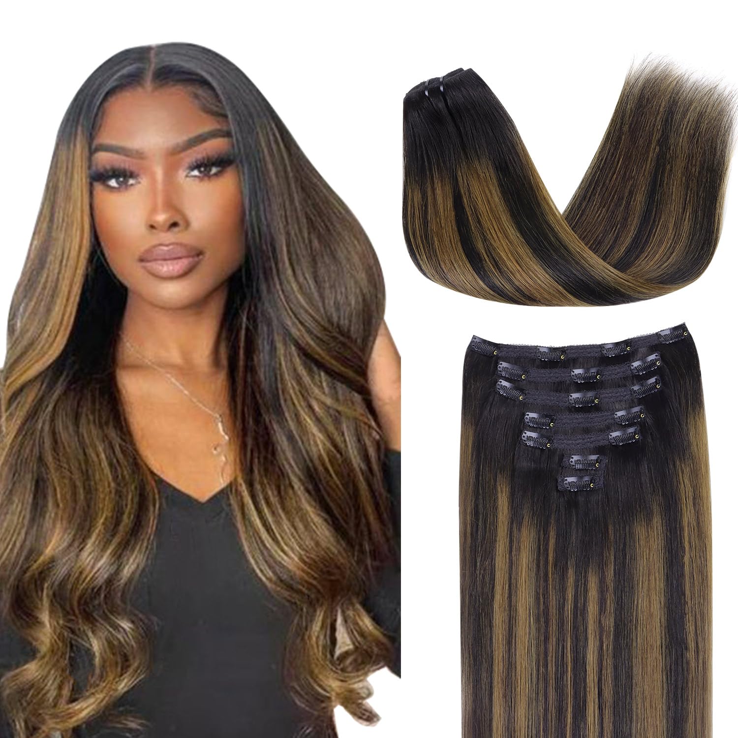 Lashey Hair Extensions 120g 7pcs Straight Clip in Hair Extensions Natural Black Mixed Chestnut Brown 22 Inch Clip in Hair Extens