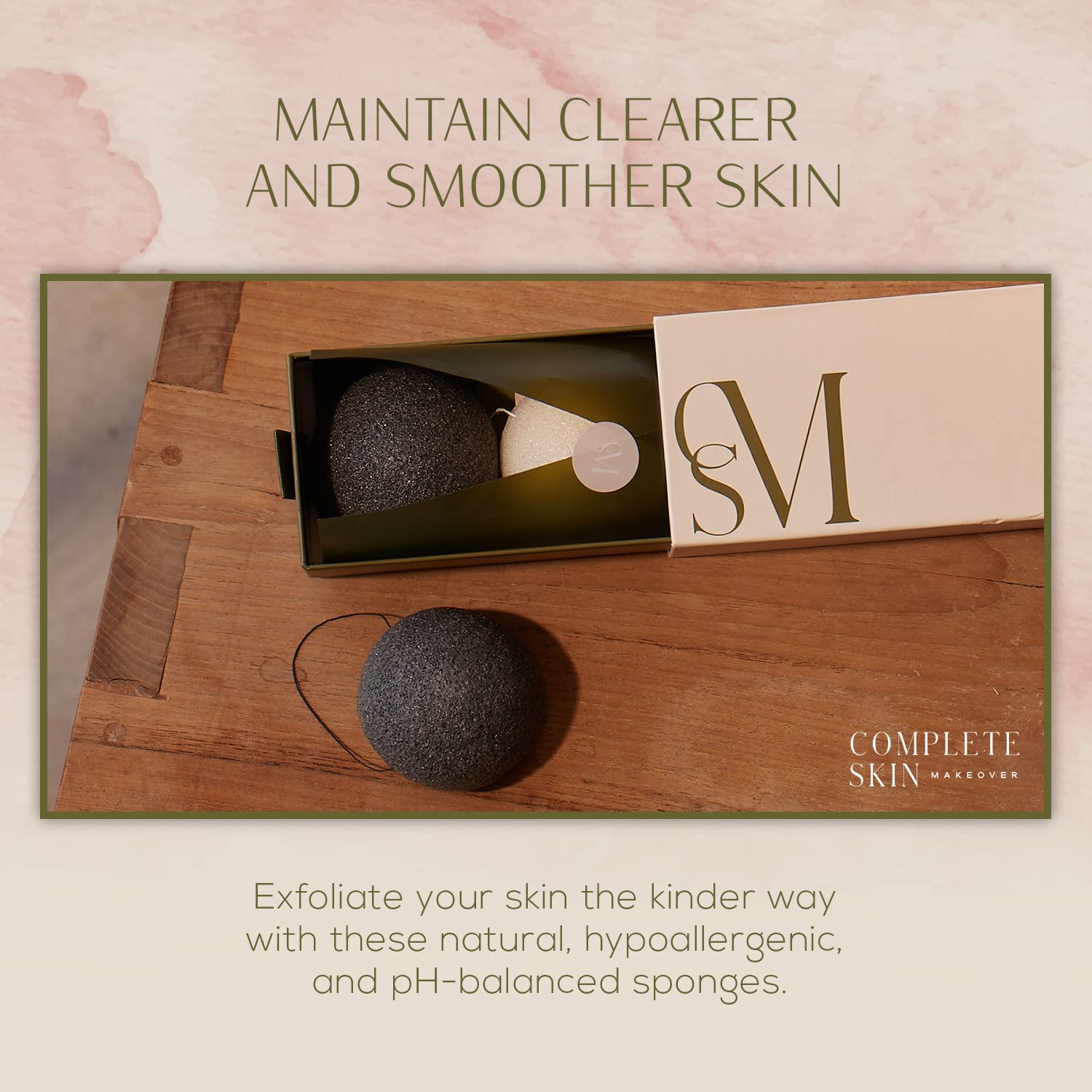 Csm Organic Konjac Sponges 3-Pack For Gentle Exfoliating - Facial Cleansing Sponge With Activated Bamboo Charcoal To Clean Pores
