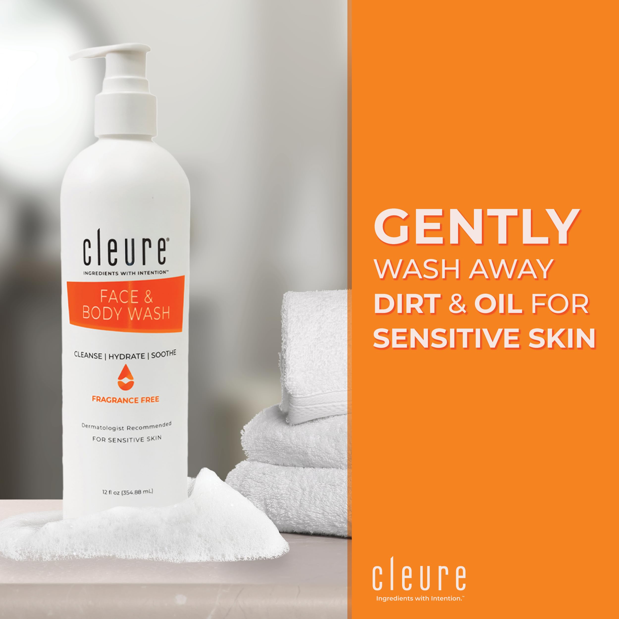 Cleure Face and Body Cleanser - Hypoallergenic, Fragrance-Free Body Wash for Sensitive Skin & Eczema - Paraben & Sulfate Free, P
