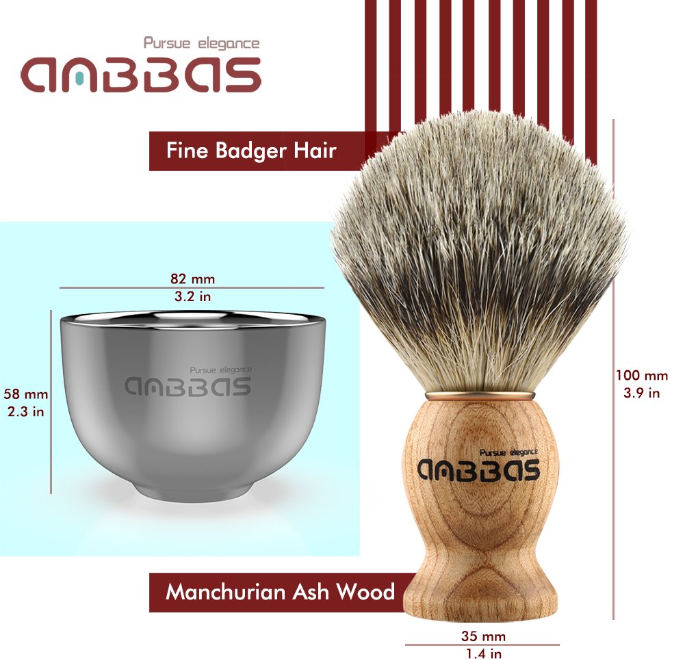 Shaving Set, Anbbas 4In1 Pure Badger Hair Shaving Brush Solid Manchurian Ash Wood Handle,Black Broken-Resistant Acrylic Shaving