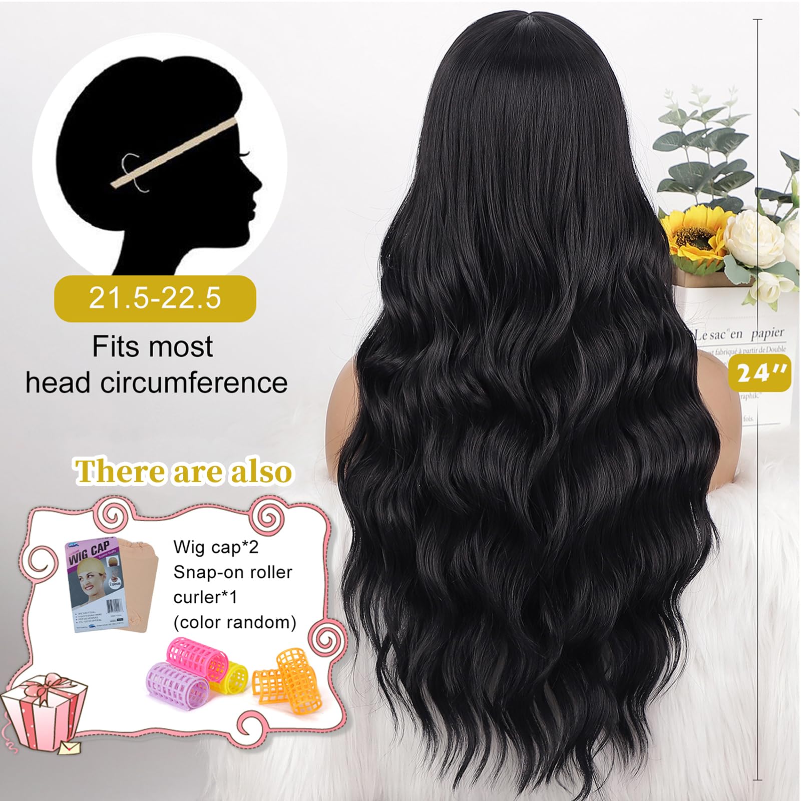Aisi Queens Black Wig With Bangs, Long Black Wavy Wigs For Women Synthetic Wigs Natural Black Curly Hair Wig For Girls Daily Par