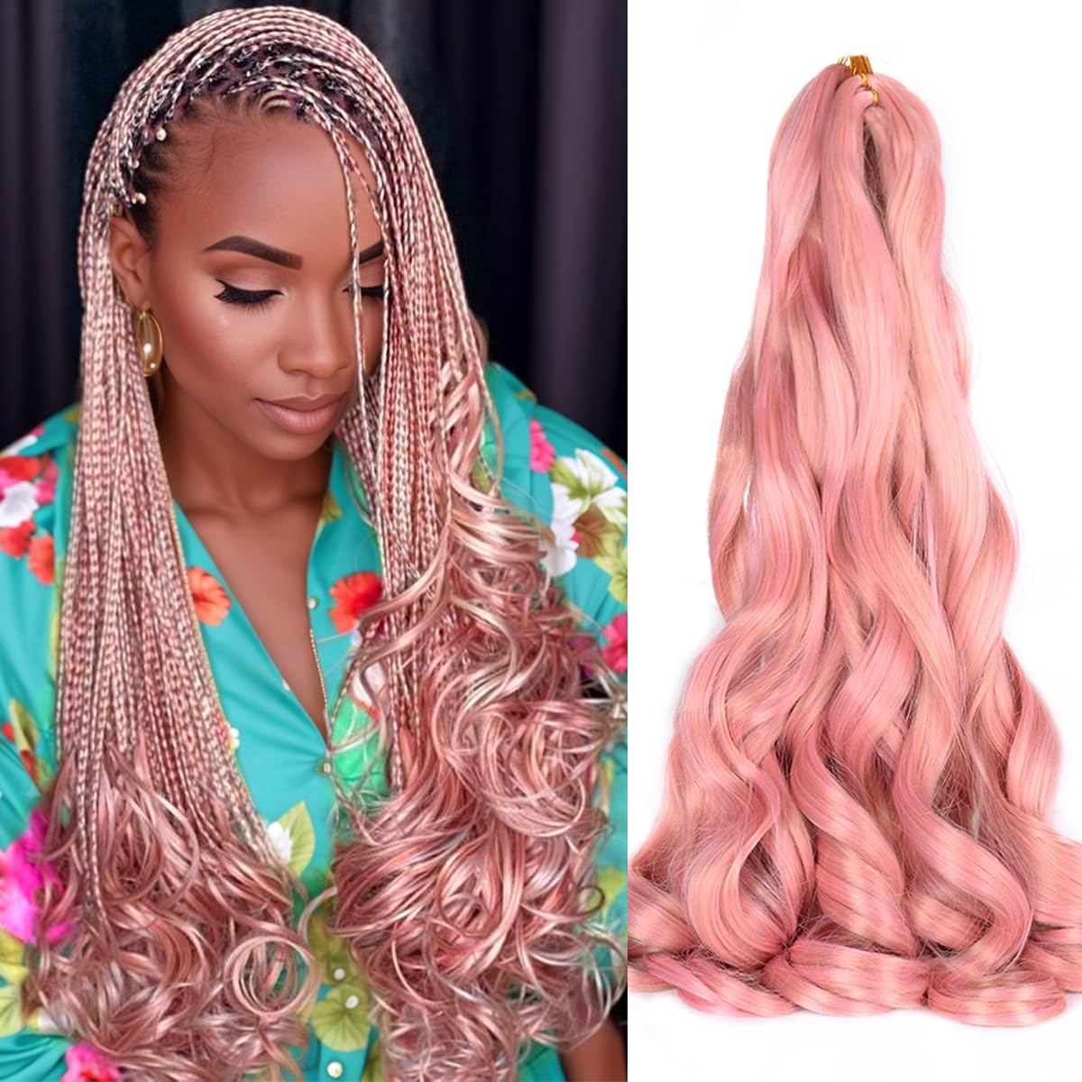 French Curl Braiding Hair,Loose Wave Braiding Hair 8 Packs 24 Inch 75g/Pack Silky Crochet Braids Spanish Curly Synthetic Pink Sp