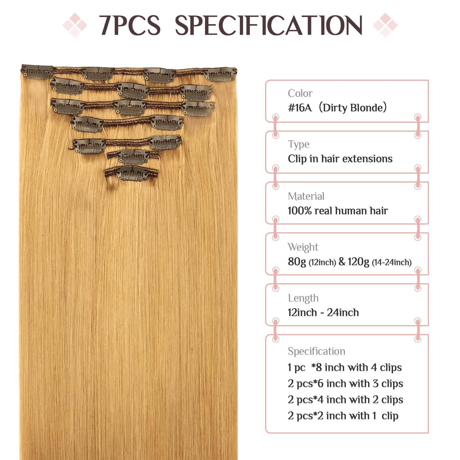 Maxita Clip In Hair Extensions Real Human Hair, 120G 7Pcs Dirty Blonde 16 Inch, Remy Human Hair Extensions Clip In Straight Natu