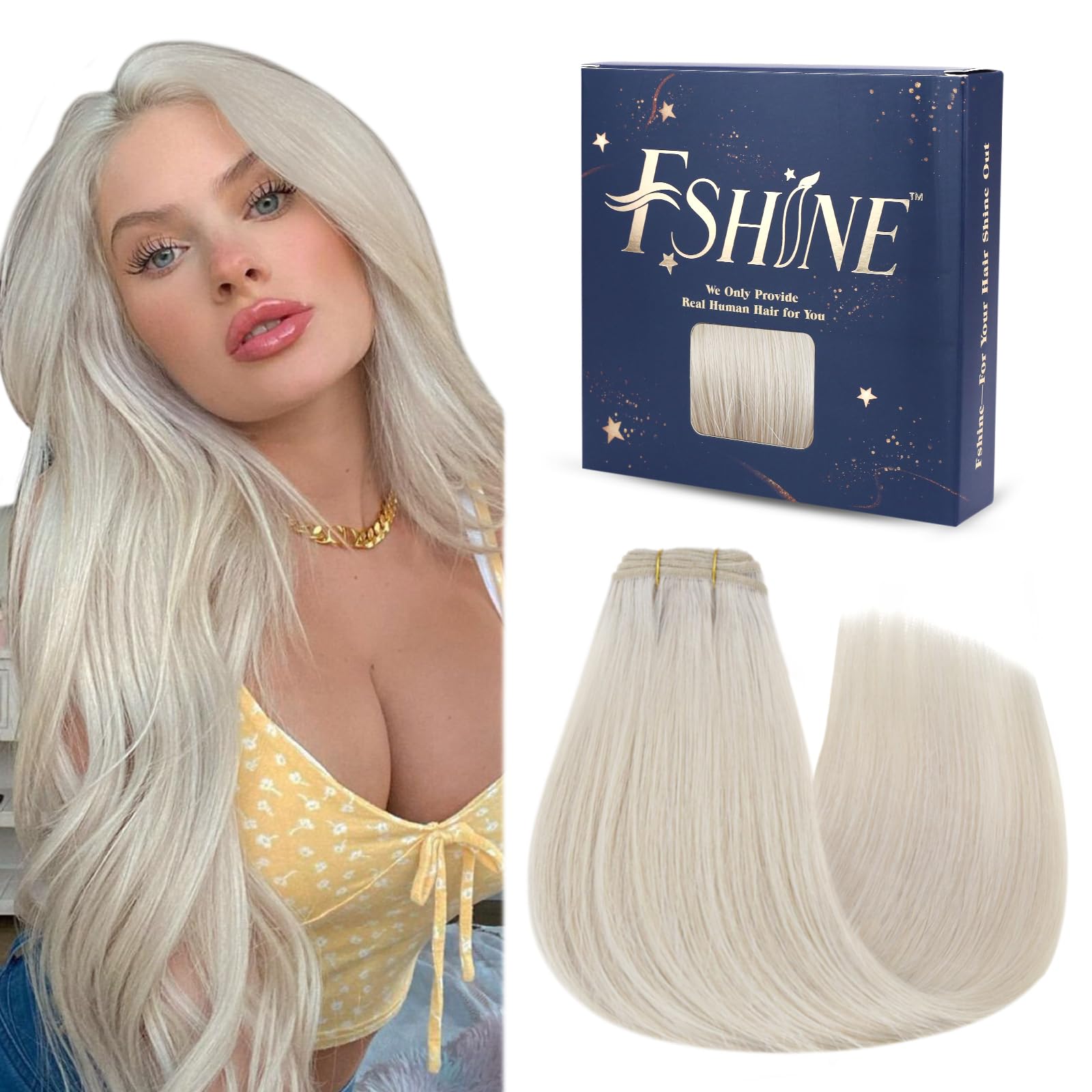 Fshine Blonde Weft Hair Extensions Human Hair 20 Inch 100 Gram White Blonde Sew in Hair Extension Double Weft Straight Real Huma