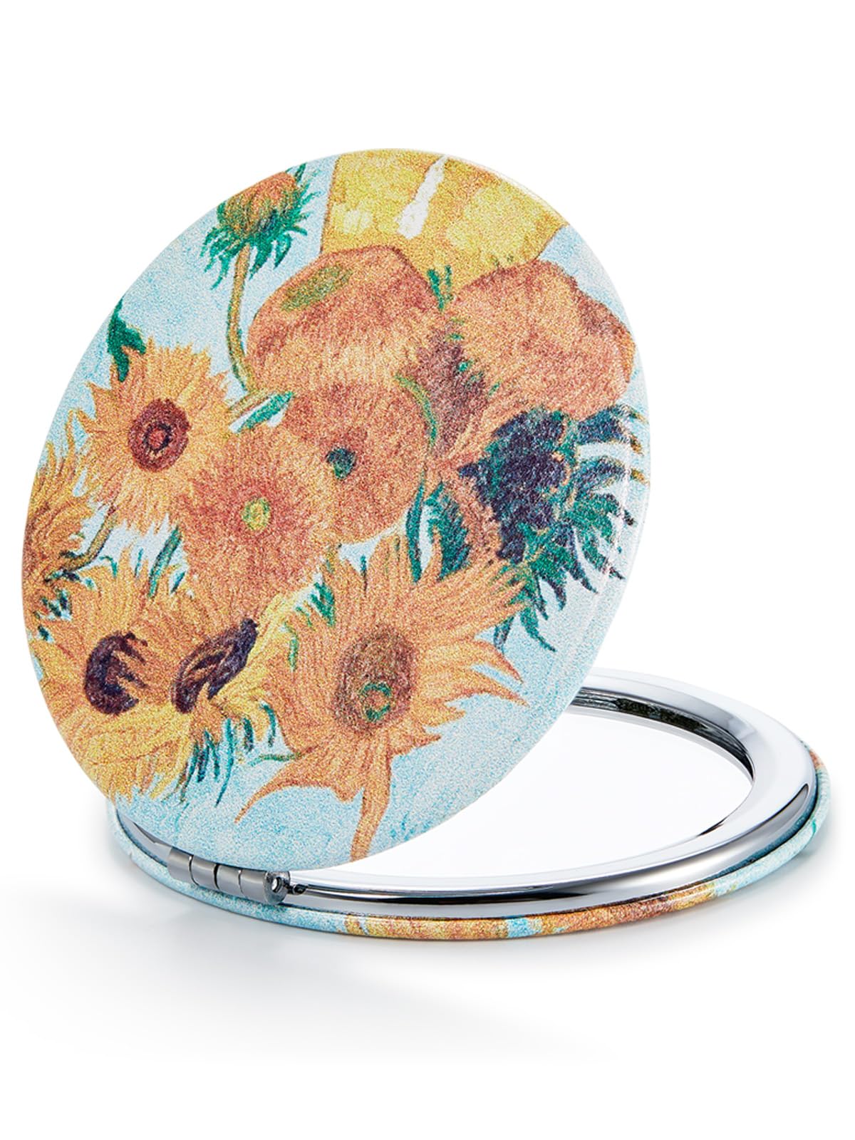 Omiro 1X/10X(300R) Compact Magnifying Mirror, Unique Painting Pocket Mirror With Classical Pu Leather (Round,Sunflowers)