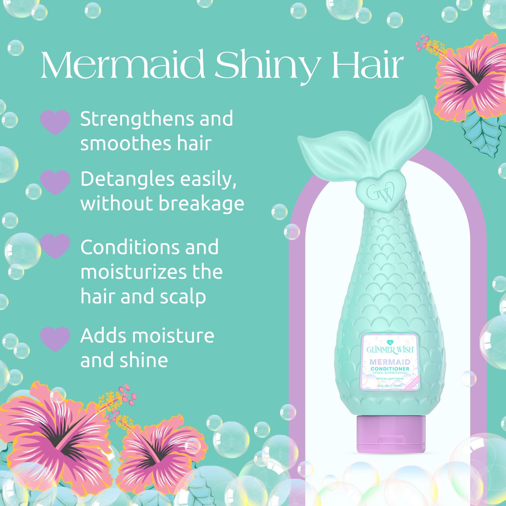 Glimmer Wish Mermaid Kids Conditioner, Paraben and Sulfate Free Conditioner for Strong and Smooth Hair, Kids Hair Care, Tropical