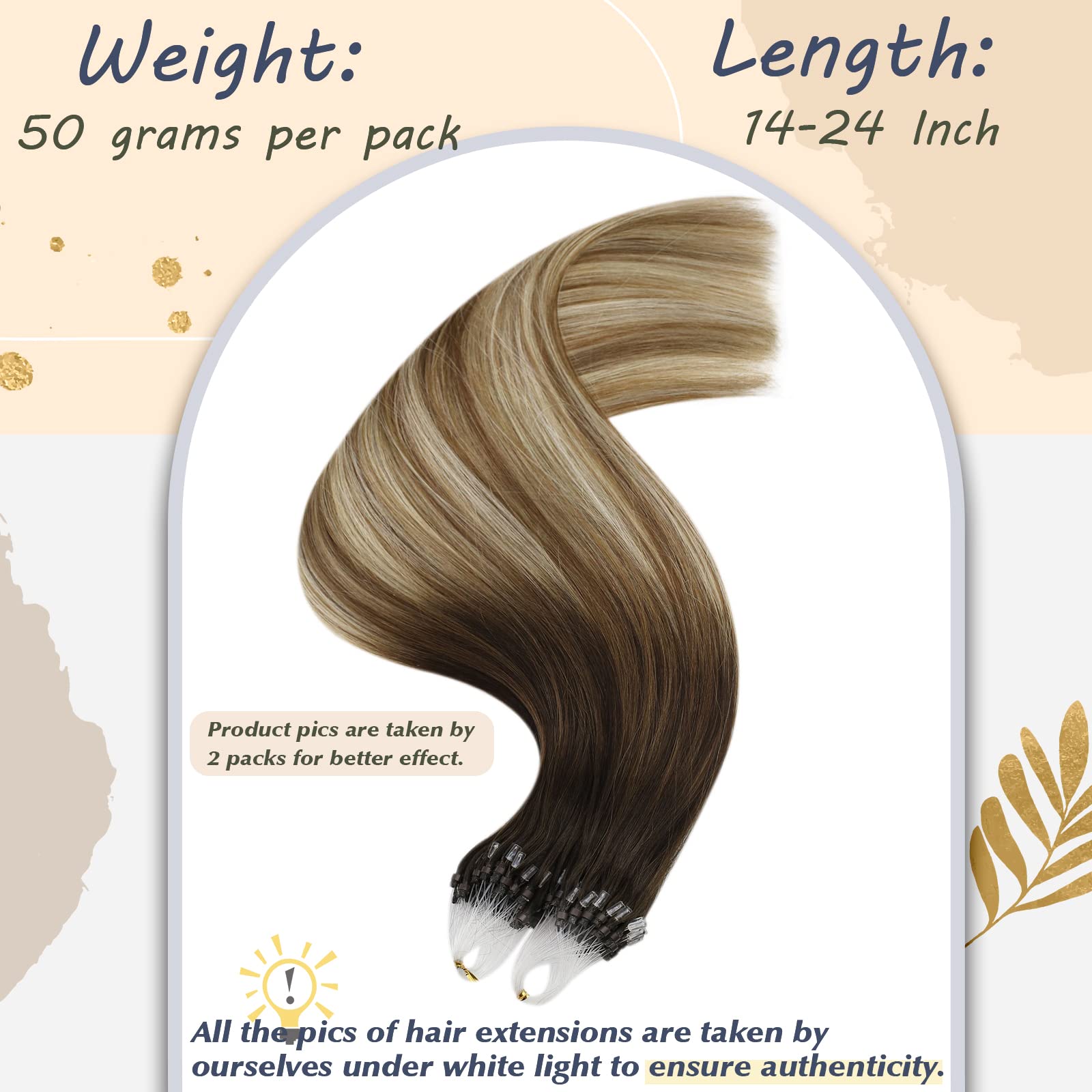 Ugeat 16Inch Microlink Hair Extensions Human Hair #4/6/613 Balayage Brown With Blonde Micro Loop Ring Hair Extensions 50Gram 1G/