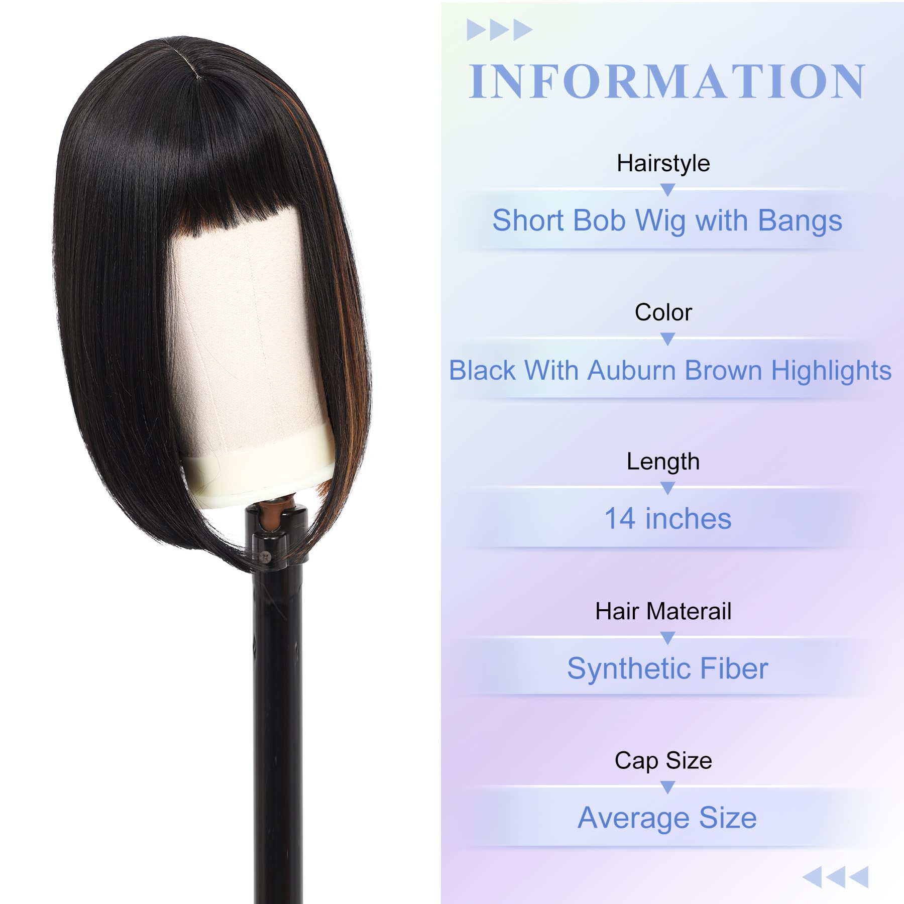 Kalyss Bob Short Synthetic Hair Wig For Black Women Heat Resistant With Hair Bangs (Black With Medium Auburn Brown Strips)
