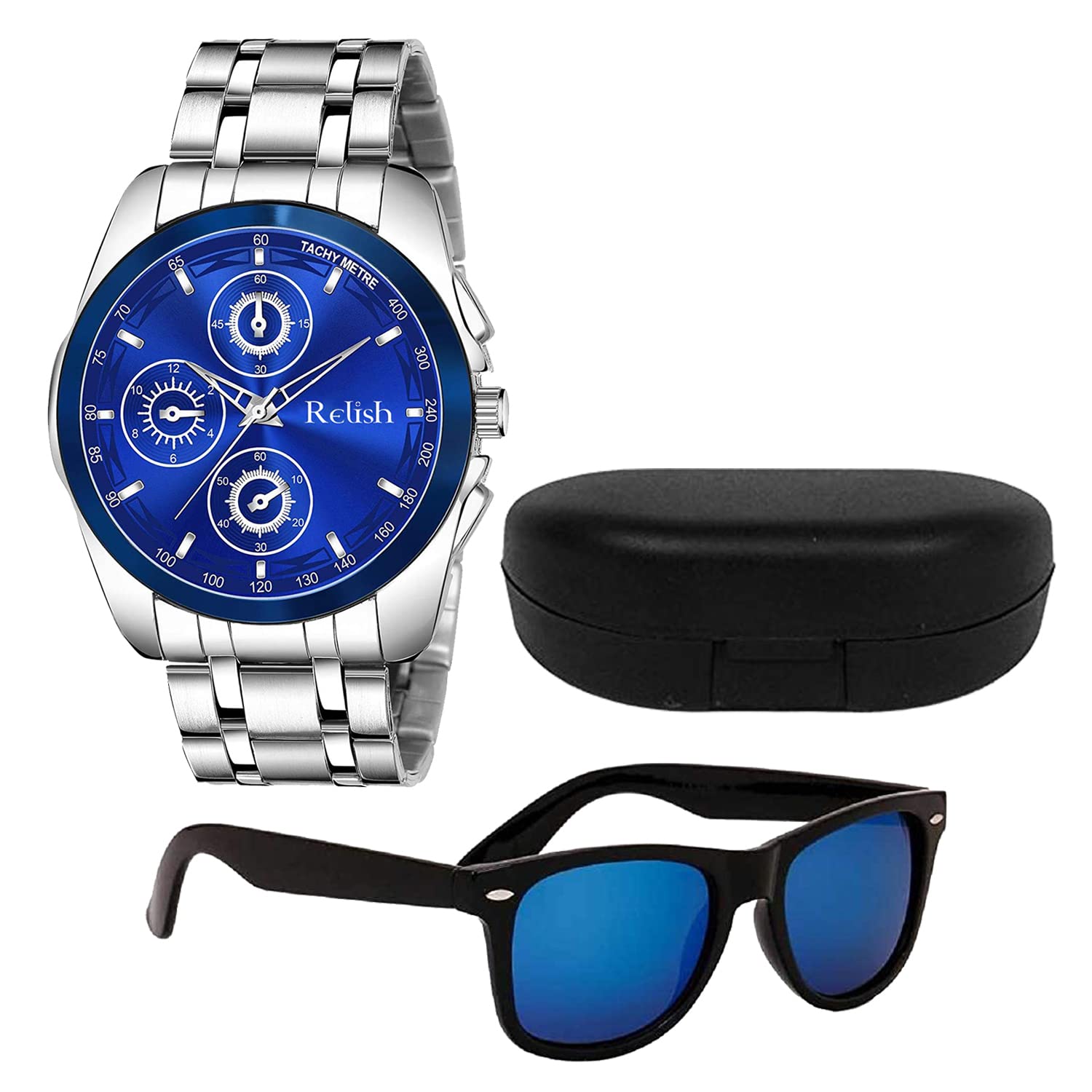 Relish Blue Dail. Stainless Strap Analog Watch & Blue Wayfarer Sunglass Combo For MenS & BoyS
