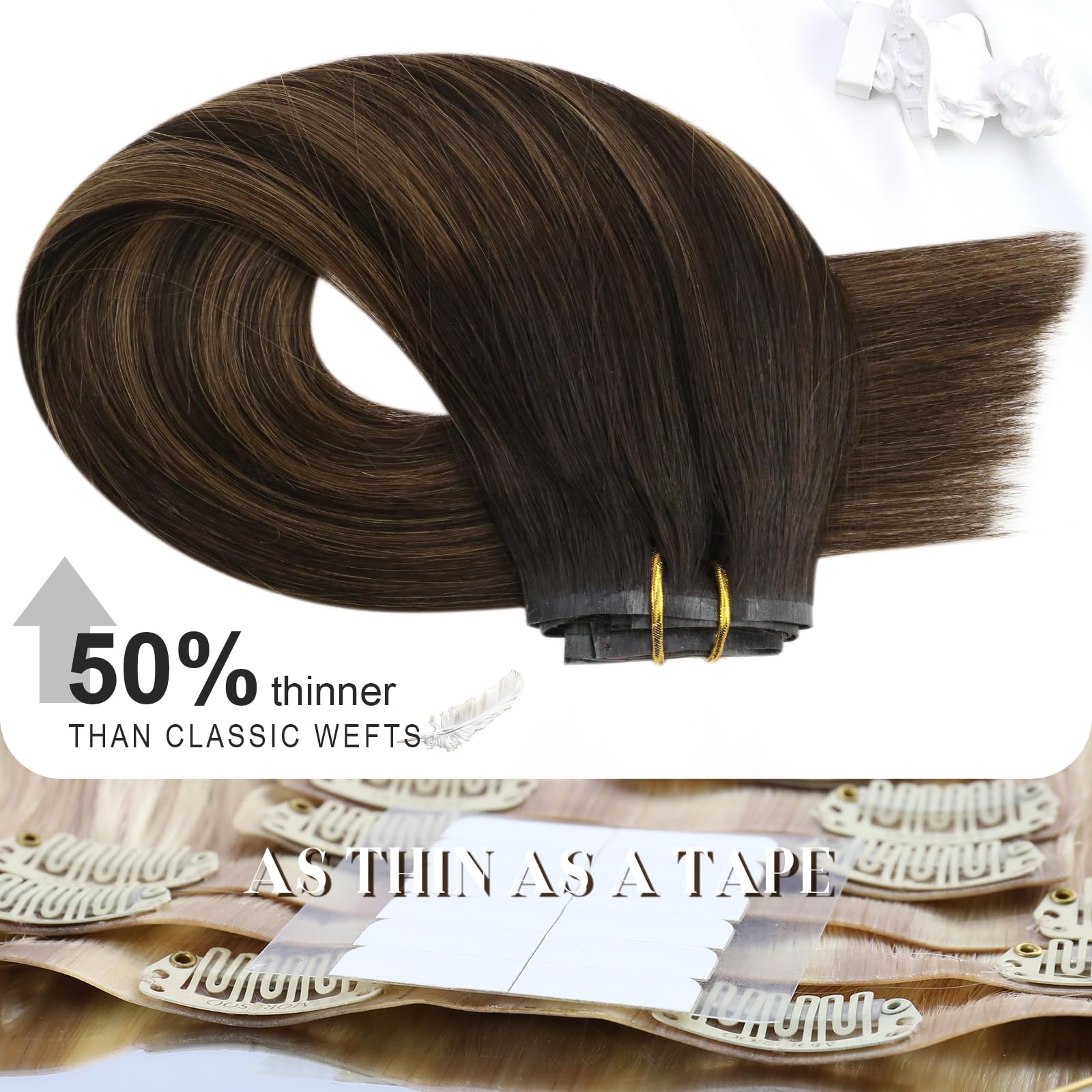 Moresoo Seamless Clip In Hair Extensions Remy Human Hair Dark Brown Highlighted With Light Brown Clip In Human Hair Extensions I