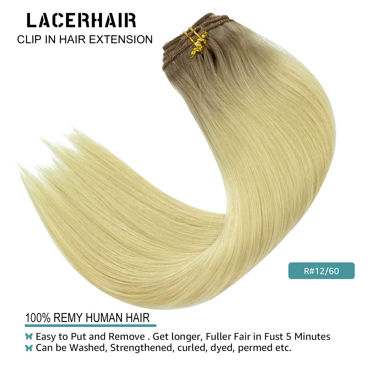 Lacer Blonde Clip In Extensions Real Human Hair Platinum Blonde With Lightest Brown Roots Human Hair Clip Ins 120G With 16 Clips