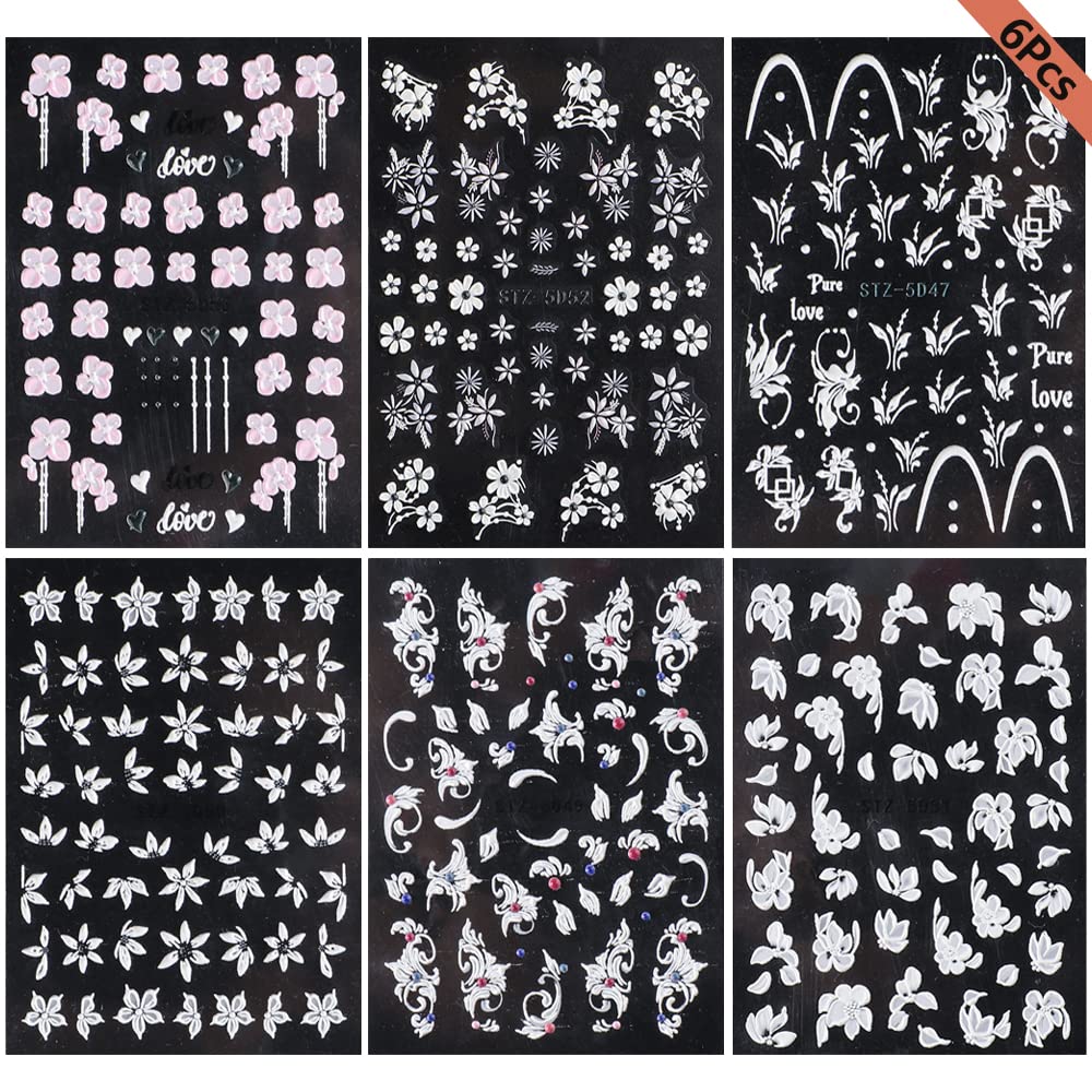 5D Embossed Flower Nail Art Stickers Decals 6 Sheets Self-Adhesive Exquisite Pink Blossom White Flower Nail Supplies Nail Art De