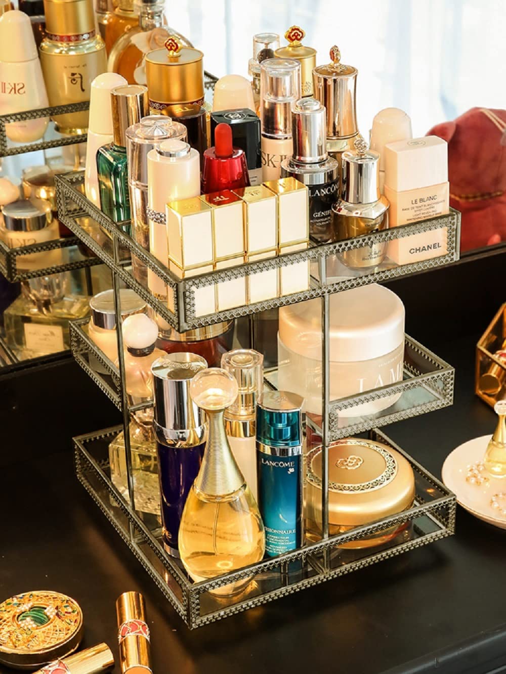 360 Degree Rotation Makeup Organizer Antique Countertop Cosmetic Storage Box Mirror Glass Beauty Display, Gold Spin Large Capaci
