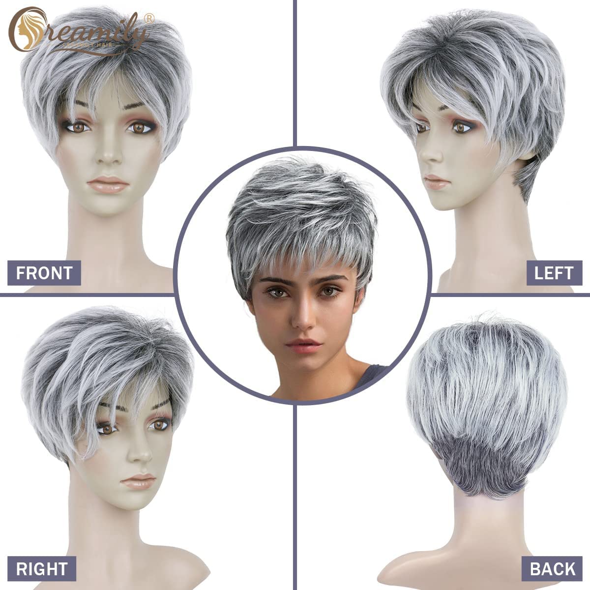 Creamily Short Grey Wig with Bangs - Natural Fluffy Synthetic Hair for Women, Gray Hair Replacement, Ideal for Over 60