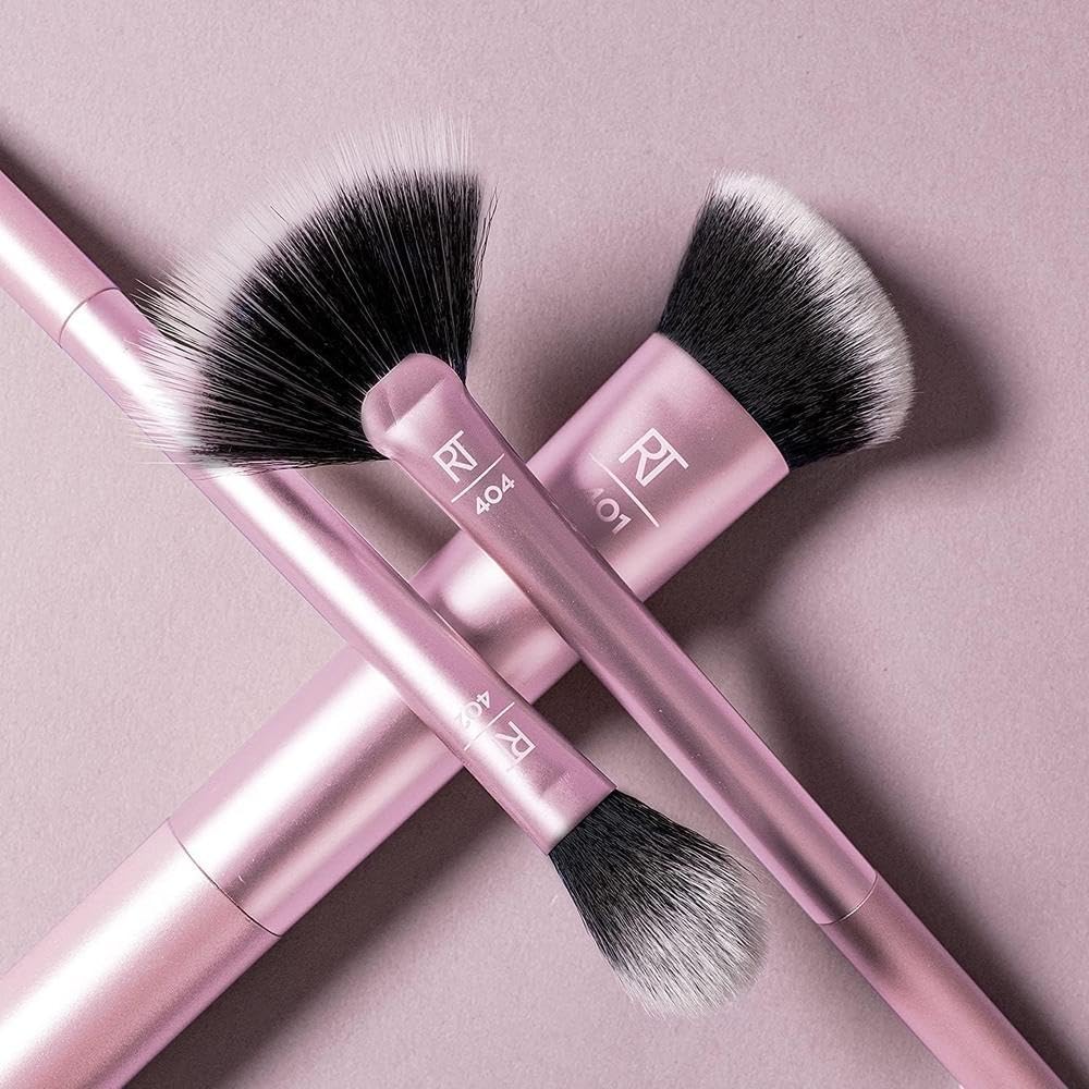 Real Techniques Cruelty Free Sculpting Set, Includes Fan Or Setting Brush & Brush Cup, Synthetic Bristles, Pink, 4 Piece