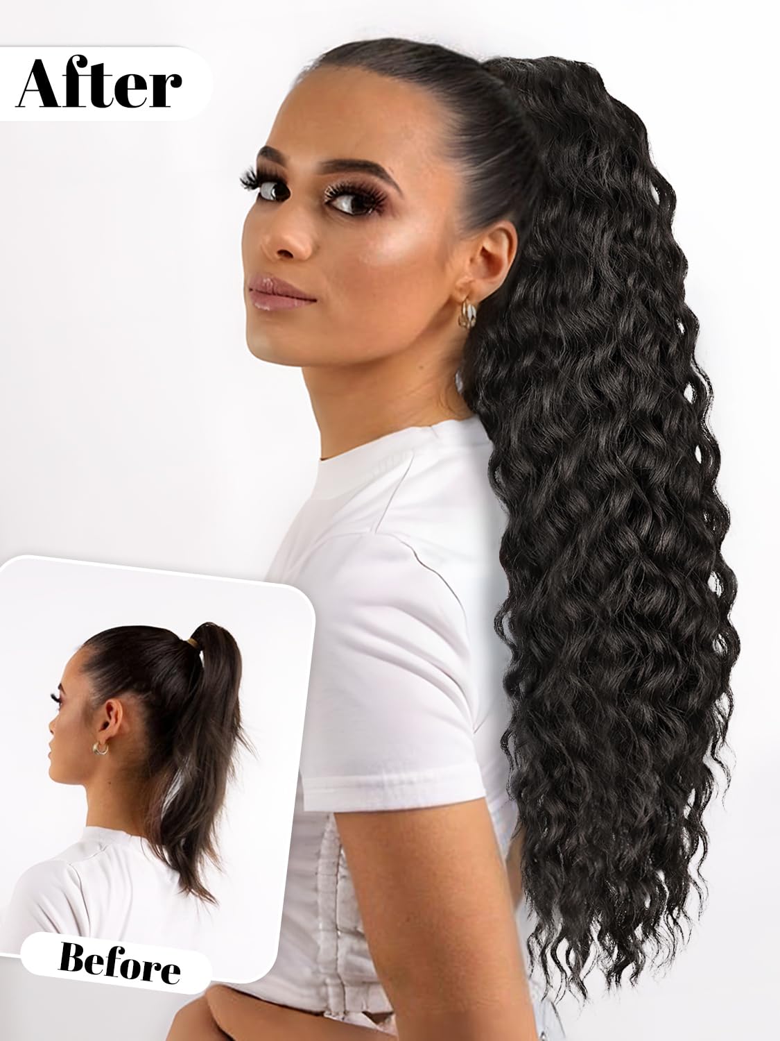 Alxnan Wavy Curly Ponytail Extension, 26 Inch Black Brown Drawstring Ponytail For Black Women Short Soft Natural Synthetic Hairp