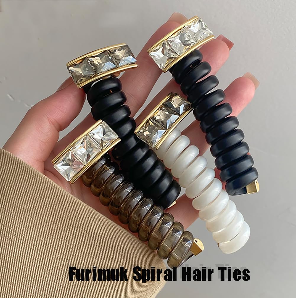6Pcs Rhinestone Spiral Hair Ties Braided Telephone Wire Hair Bands for Women, Phone Cord Elastic Teleties Ponytail Holders Hair