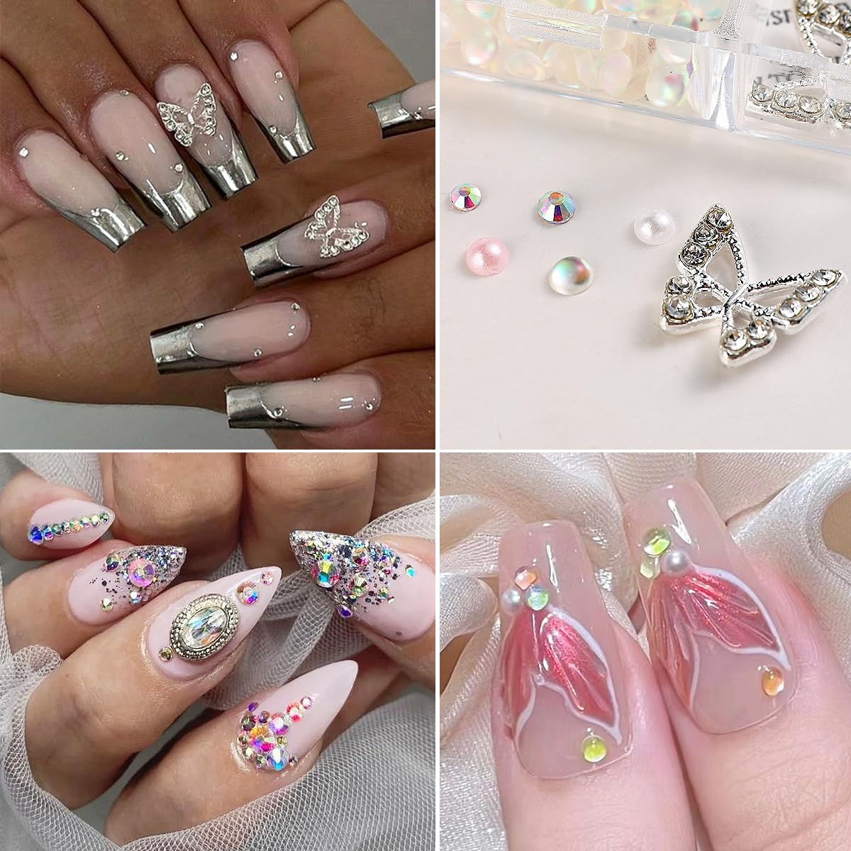 3D Silver Butterfly Nail Charms Kit, Small Size Metal Diamond Butterfly Rhinestones For Nails, Small Flat Back Nail Gems And Rhi