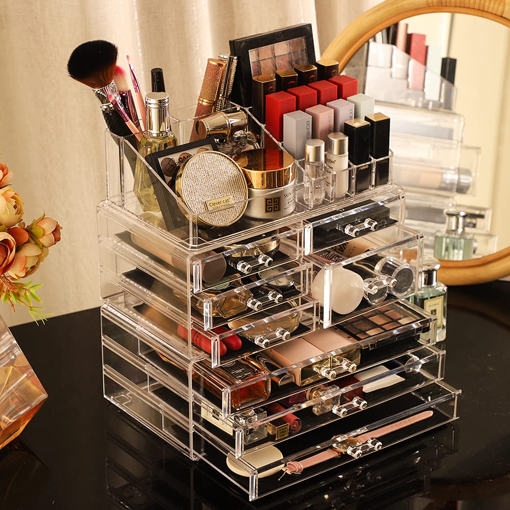 Cq Acrylic 3 Pack Clear Make Up Organizers For Vanity,Stackable 8 Drawers Make Up Organizer,Cute Desk Organizer For Vanity Jewel