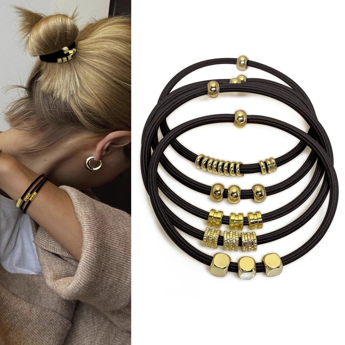 Black Boho Hair Ties Bracelets for Women, Cute Elastic Pony Tails Hair Ties No Damage Beaded Hair Accessories for Girls Decorati