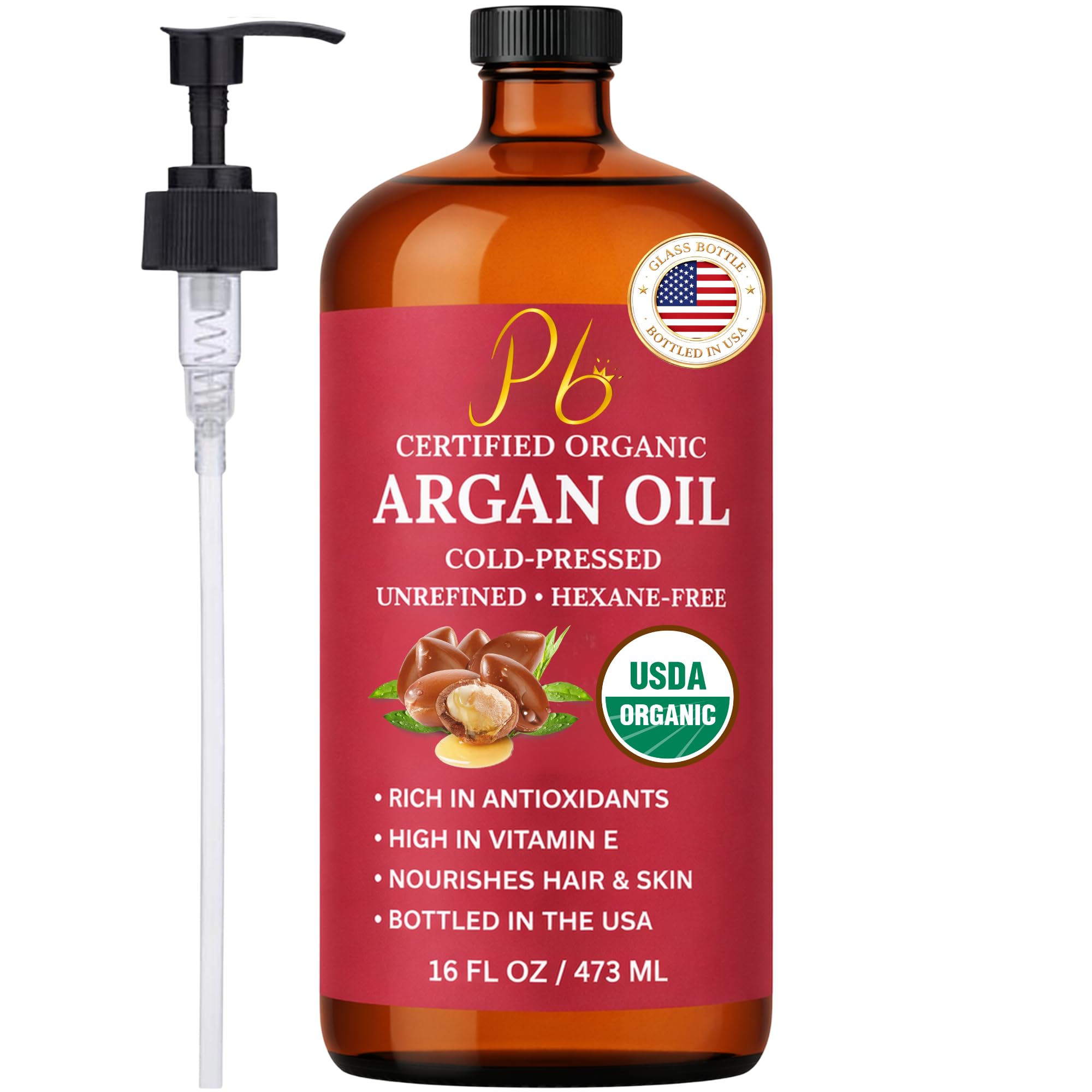 Argan Oil, 16 fl oz Glass Bottle with Pump, Organic Moroccan Argan Oil for Hair, Skin, Face & Nails, USDA Certified Organic, Col