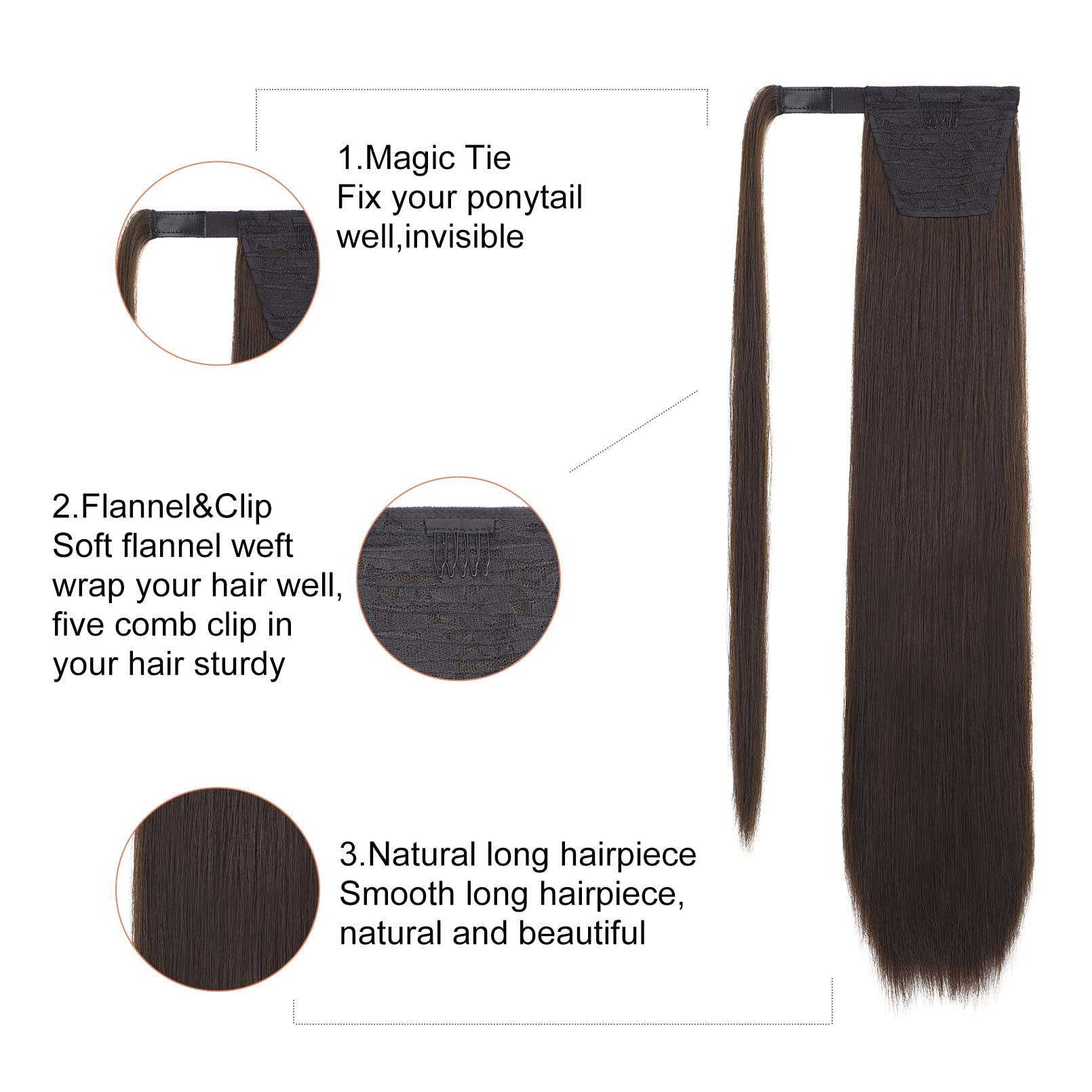 SEIKEA Clip in Ponytail Extension Wrap Around Straight Hair for Women (28 '', Dark Chocolate Brown)