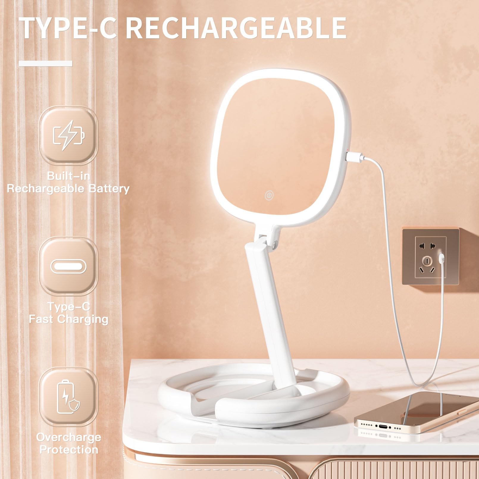 Lighted Makeup Mirror, Beautifive Vanity Mirror With Lights, Double Sided Magnifying Mirror, Brightness&Angle Adjustable, Foldin