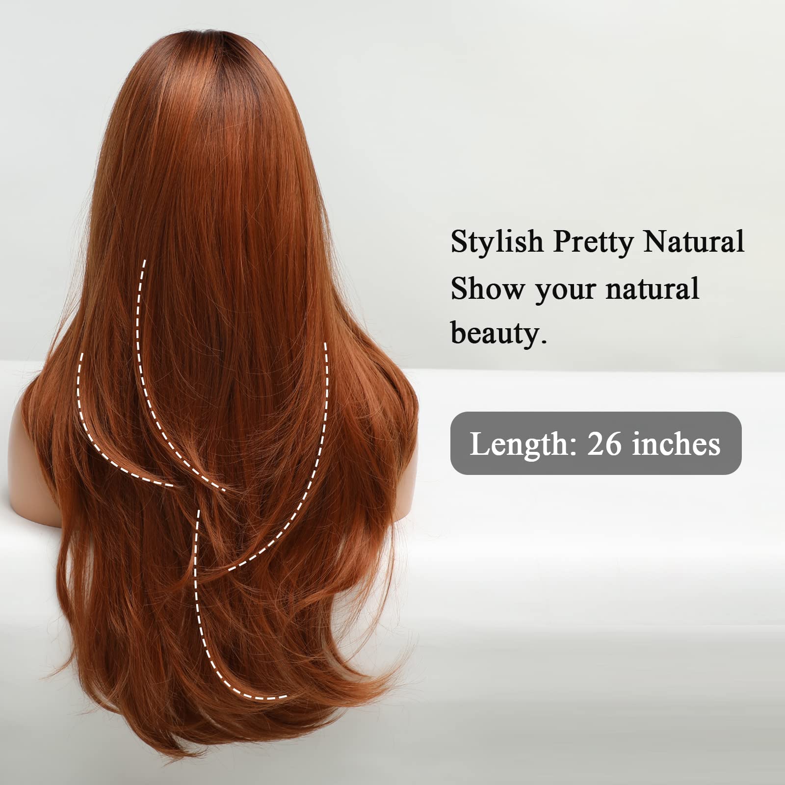 HAIRCUBE Long Auburn Wig with Bangs Layered Curly Orange Wigs for Women Natural Synthetic Wigs for Daily Use (pelucas de cabello