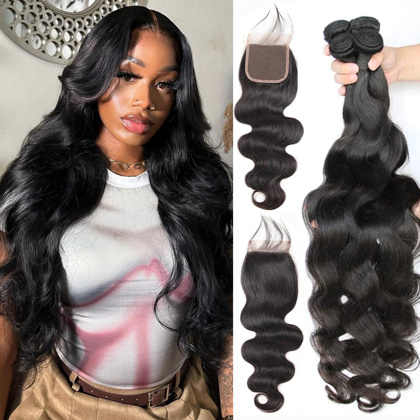 Releek Closure with 4 Bundles Brazilian Body Wave Bundles with Closure 100% Body Wave Virgin Remy Hair Weft Human Hair Bundles w