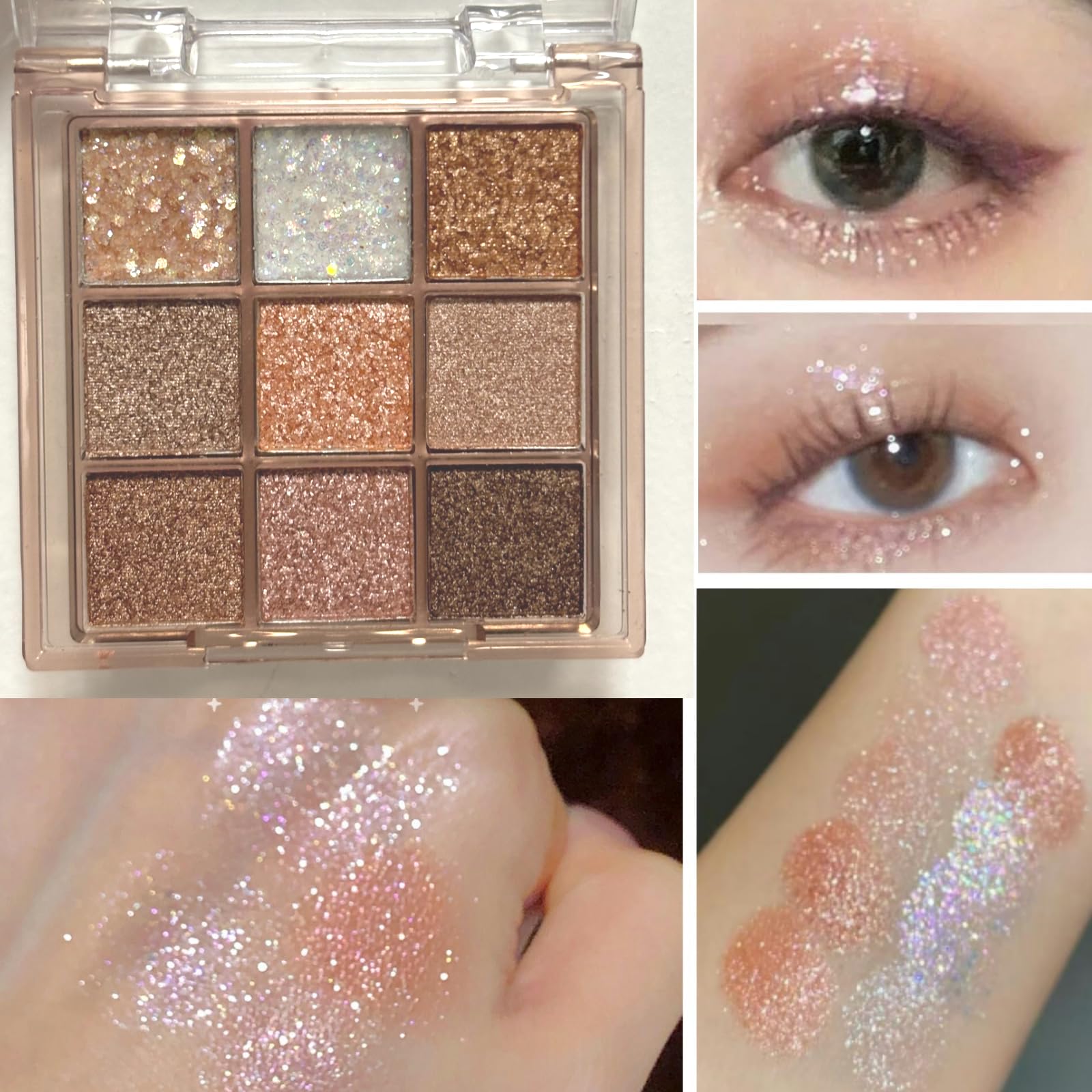 9 Colors Glitter Shimmer Eyeshadow Makeup Palette, Korean Sparkle Neutral Eye Shadow Palettes Highly Pigmented Long Lasting Wate