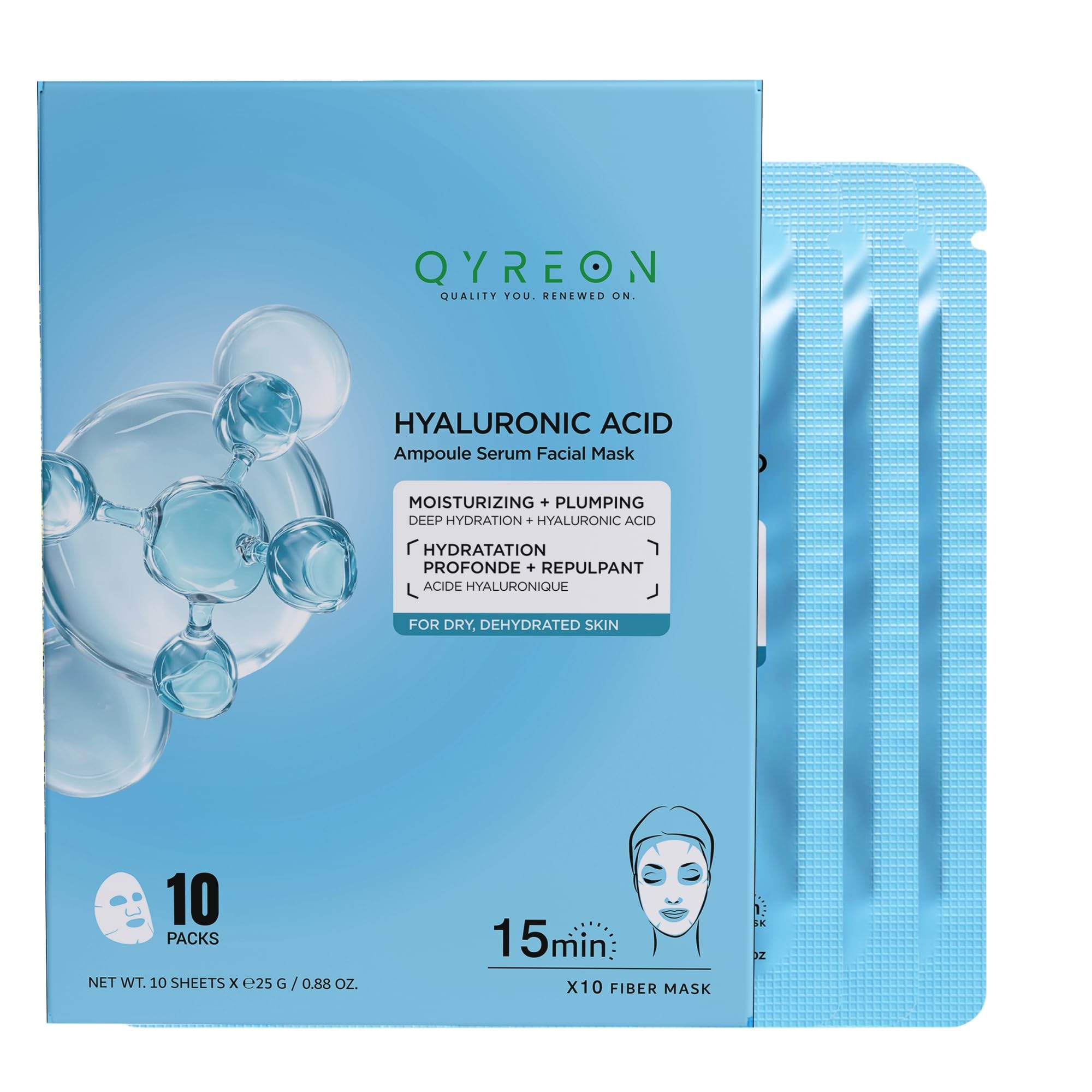 QYREON Hyaluronic Acid Sheet Mask 10 Pack  Hydrating Face Masks for Dry and Dehydrated Skin, Serum Infused Facial Sheet Masks f