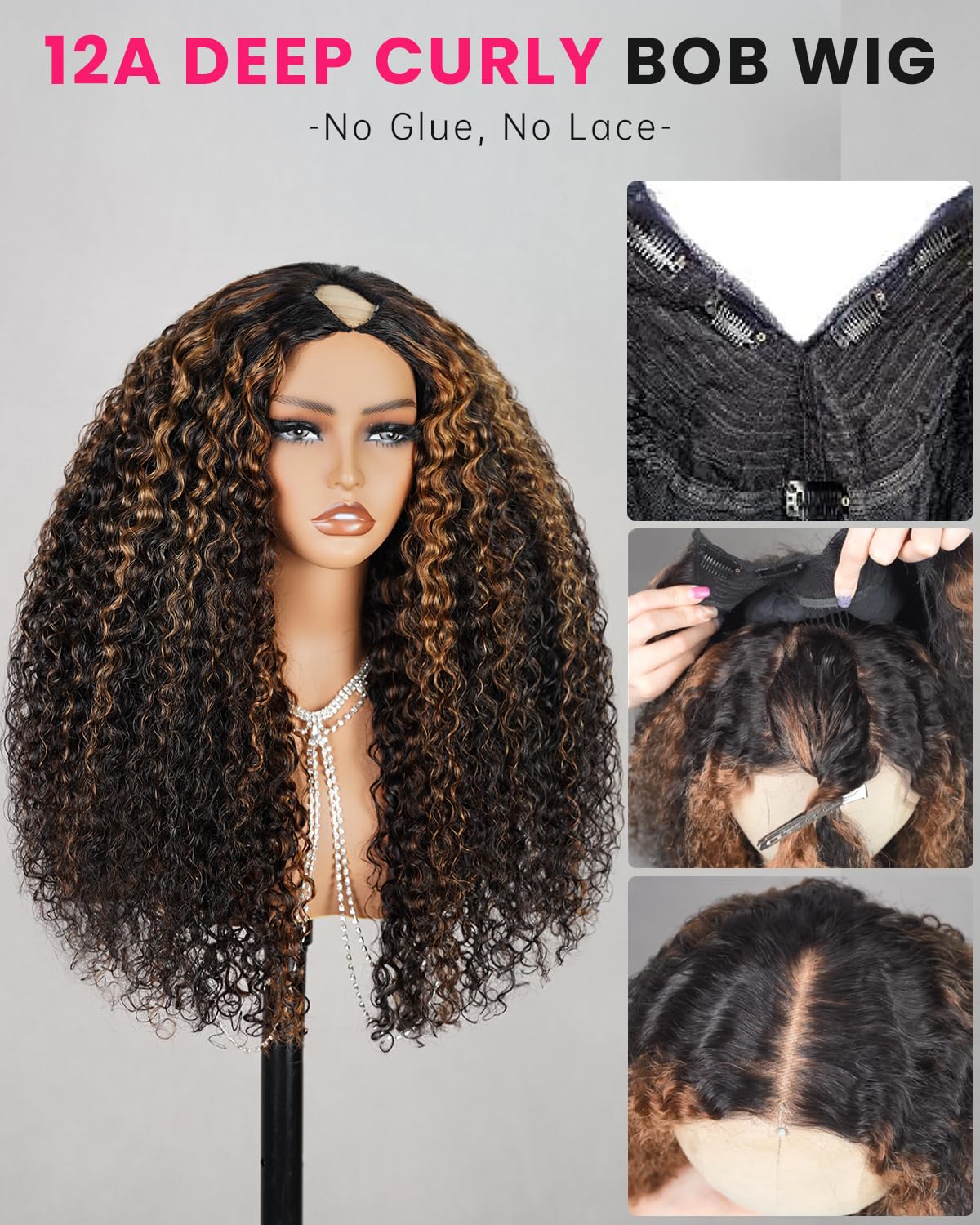 MEGALOOK V Part Wig 12A Deep Curly Human Hair 24 Inch 180% Density Glueless Highlight FB30#